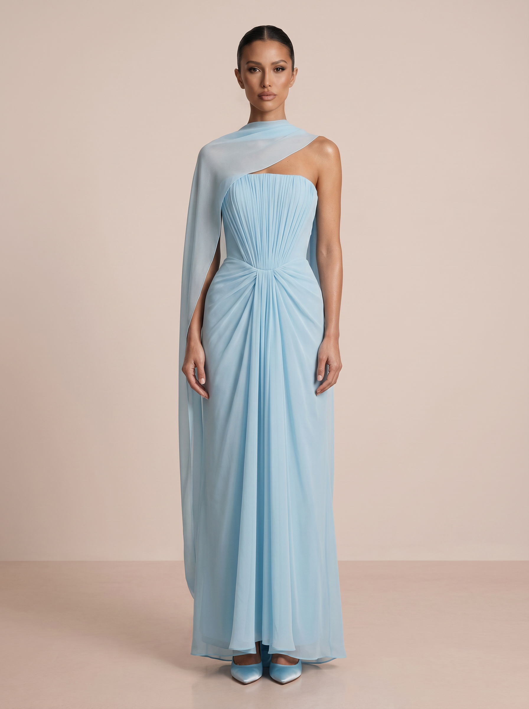 Louisa Strapless Scarf Ruched Pleated Maxi Dress
