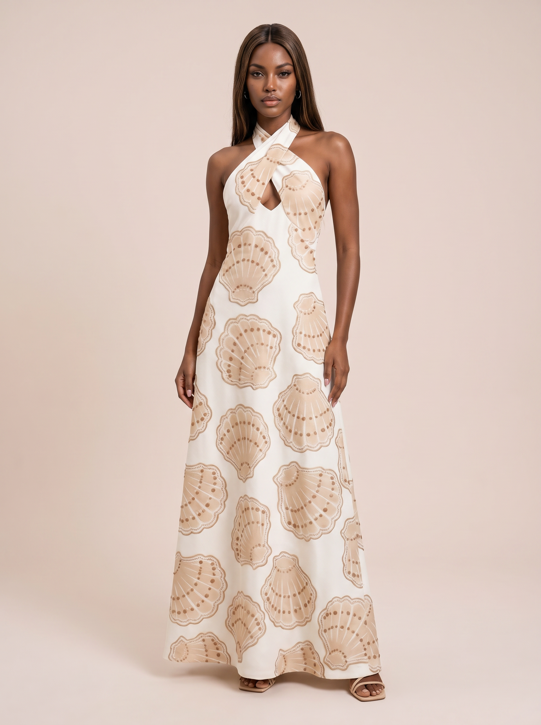 Saylor Seashell Print Halter Summer Beach Maxi Dress