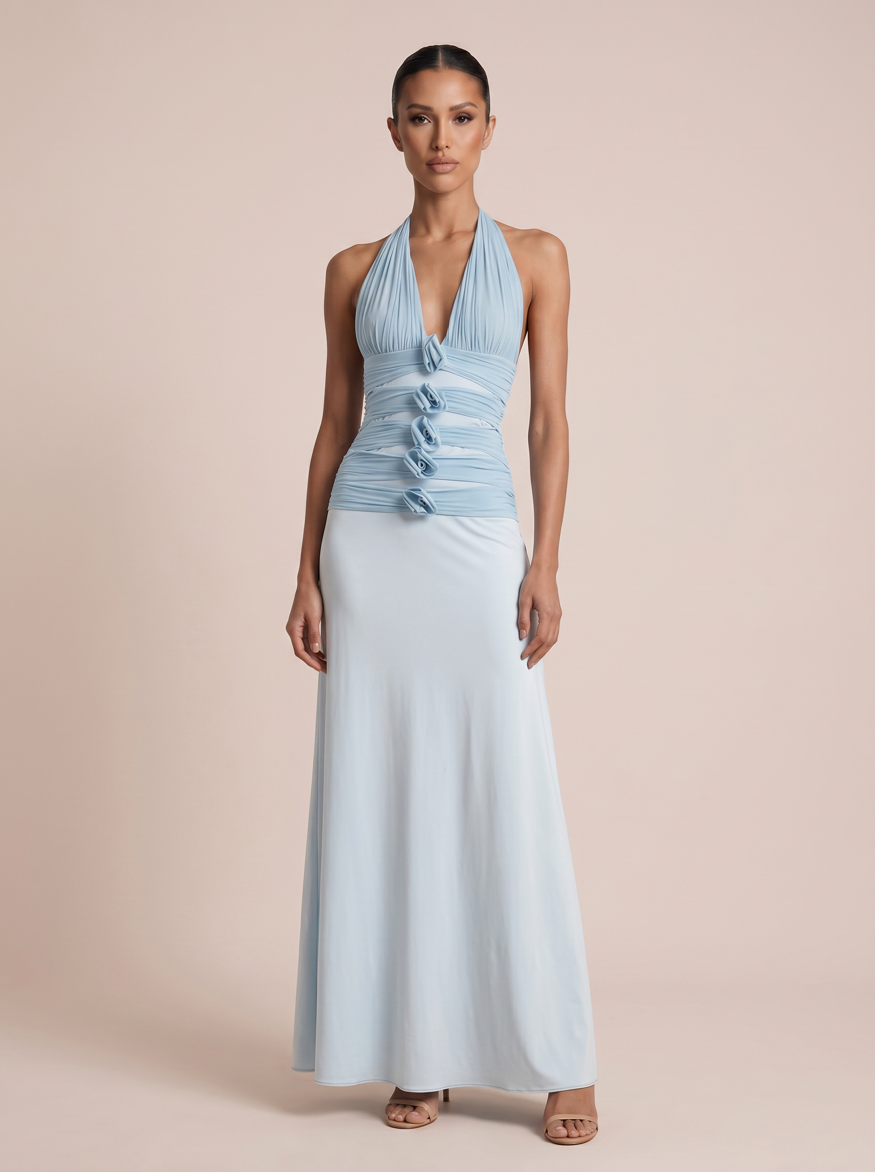 Elina Blue Sleeveless Flower Maxi Dress