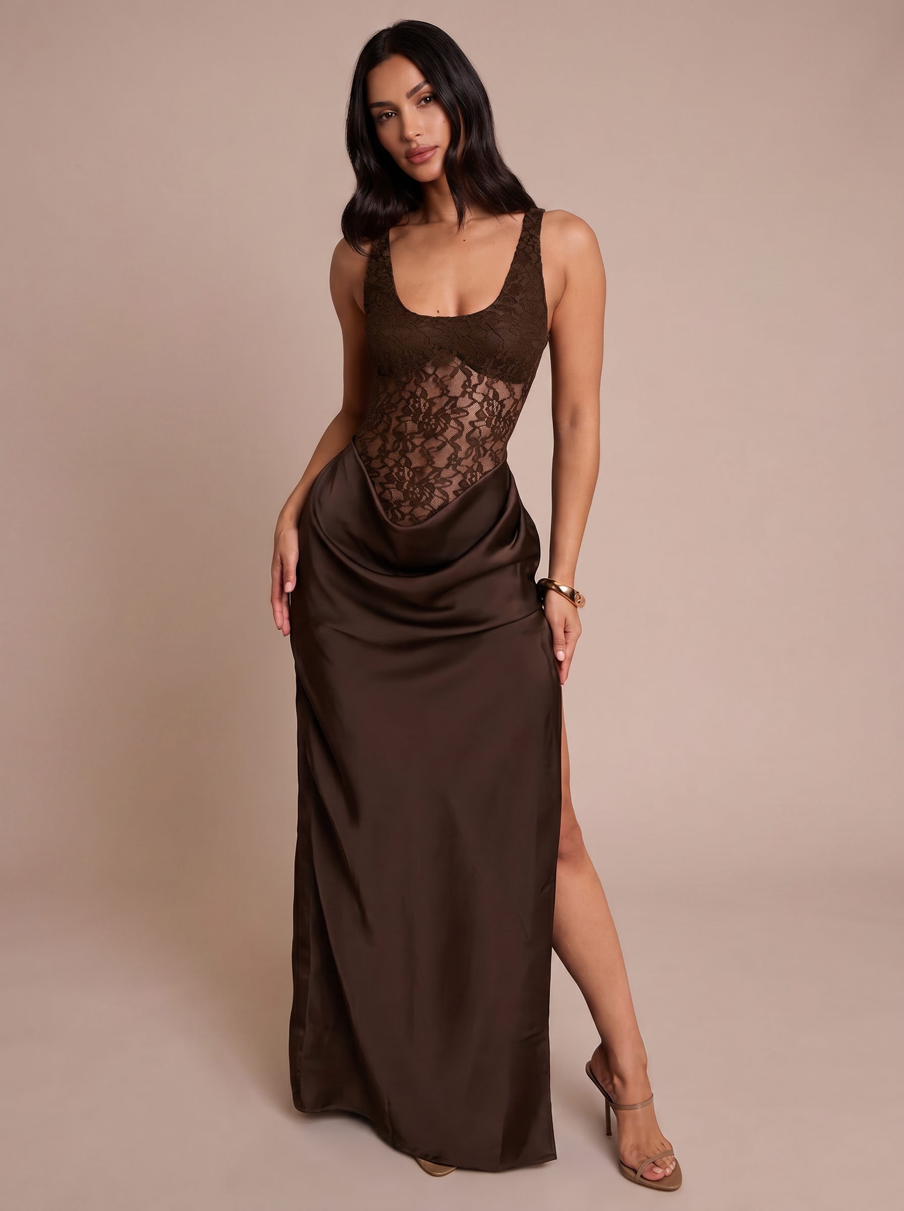 Dorella Lace High Slit Spaghetti Strap Maxi Dress