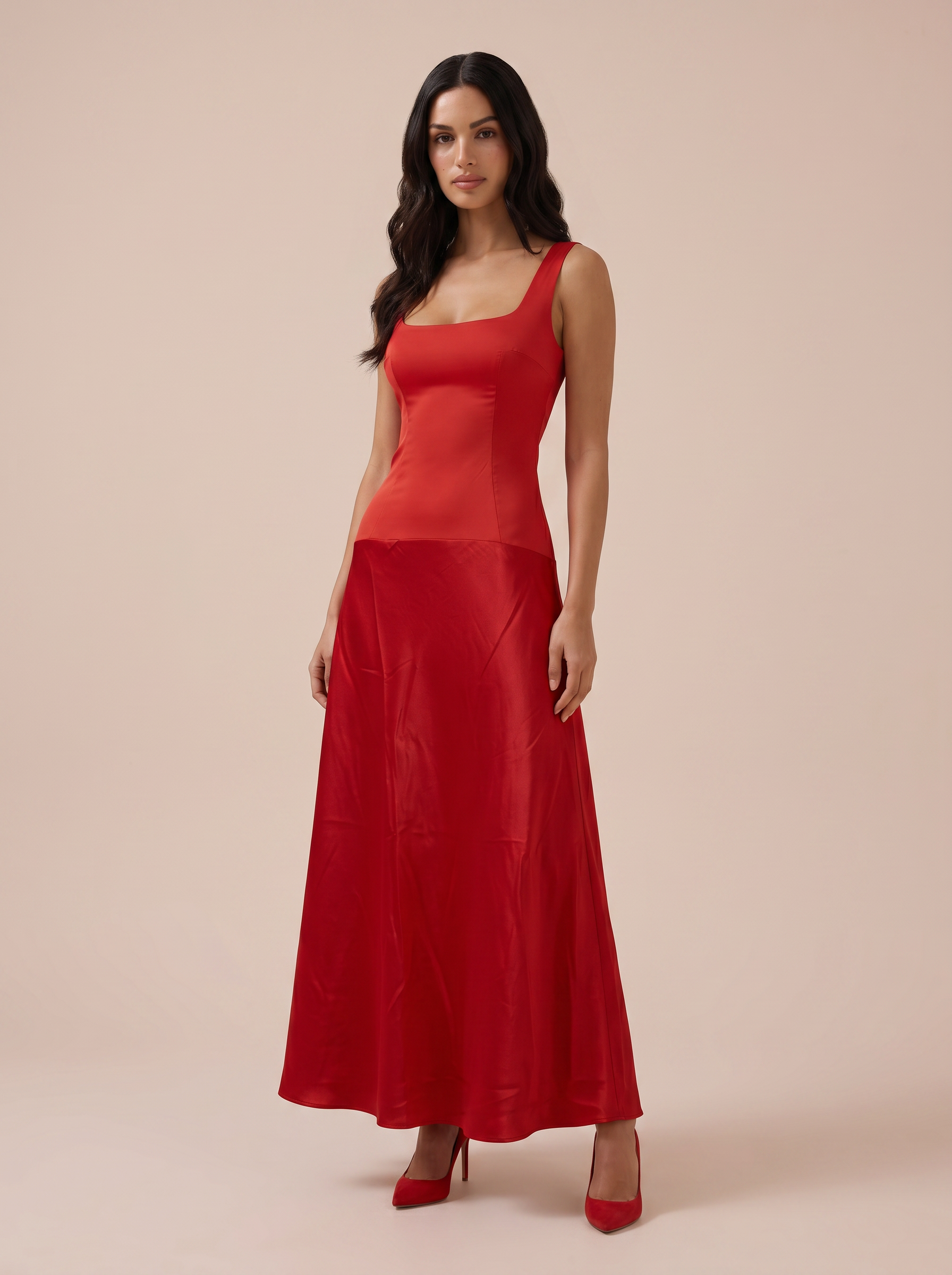 Olimpia Red Square Collar Sleeveless A-line Maxi Dress