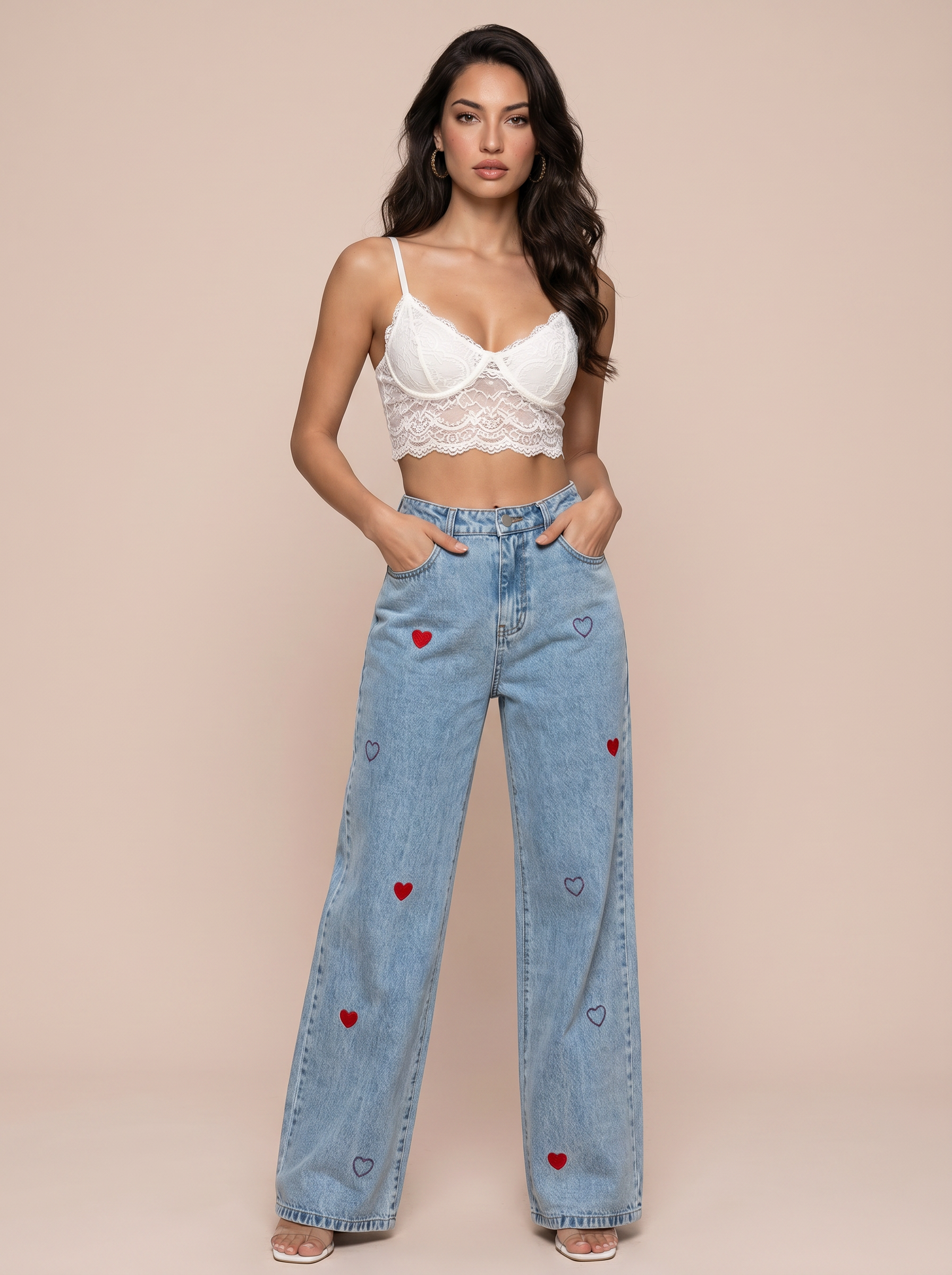 Cira Heart Embroidery Straight Pant Denim Jeans