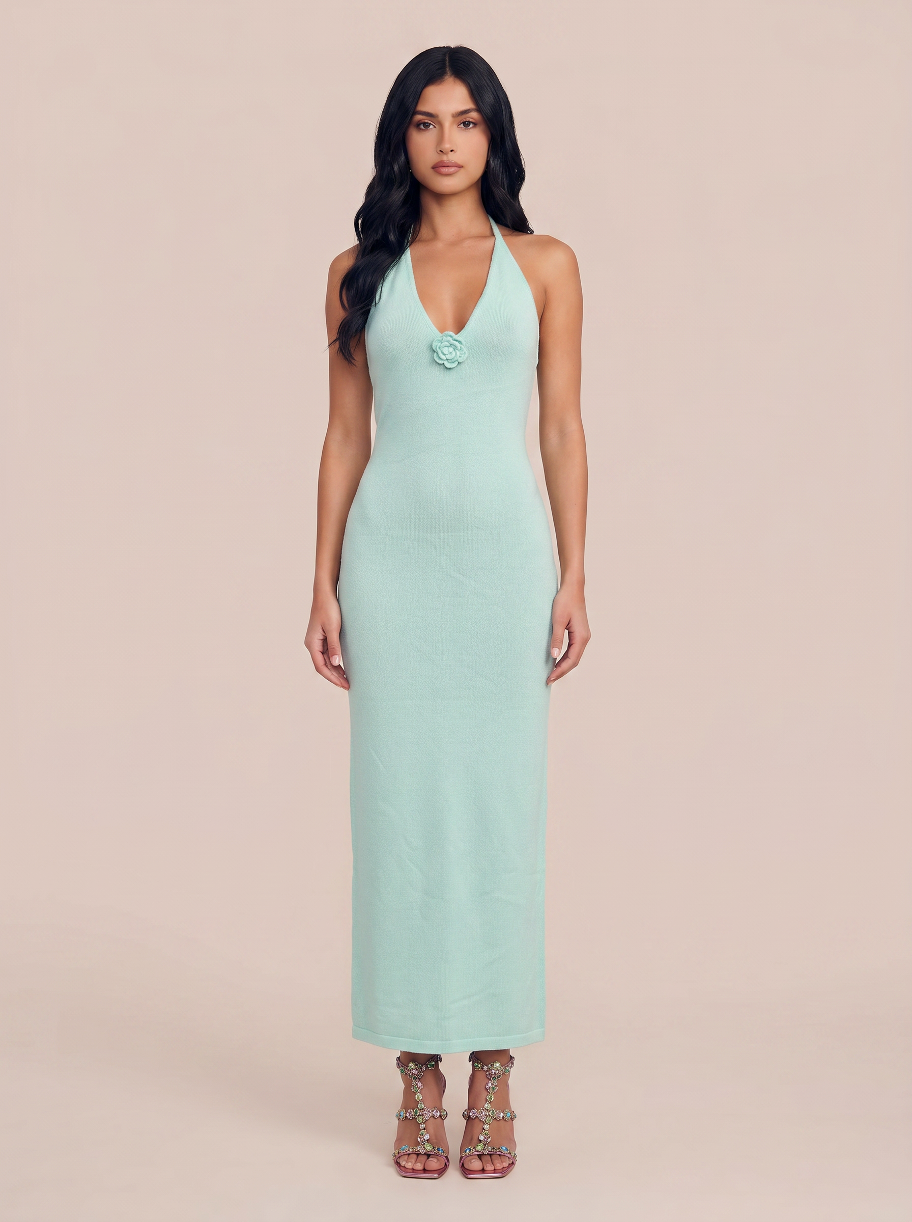 Andrea Green Knit Halter Summer Maxi Dress