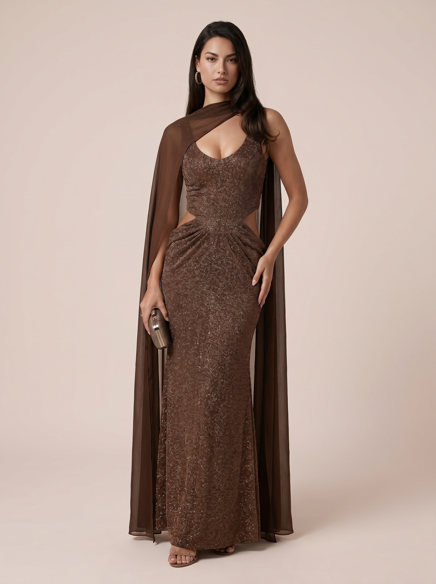 Gabriela Brown Sequin Scarf Cut Out Maxi Dress
