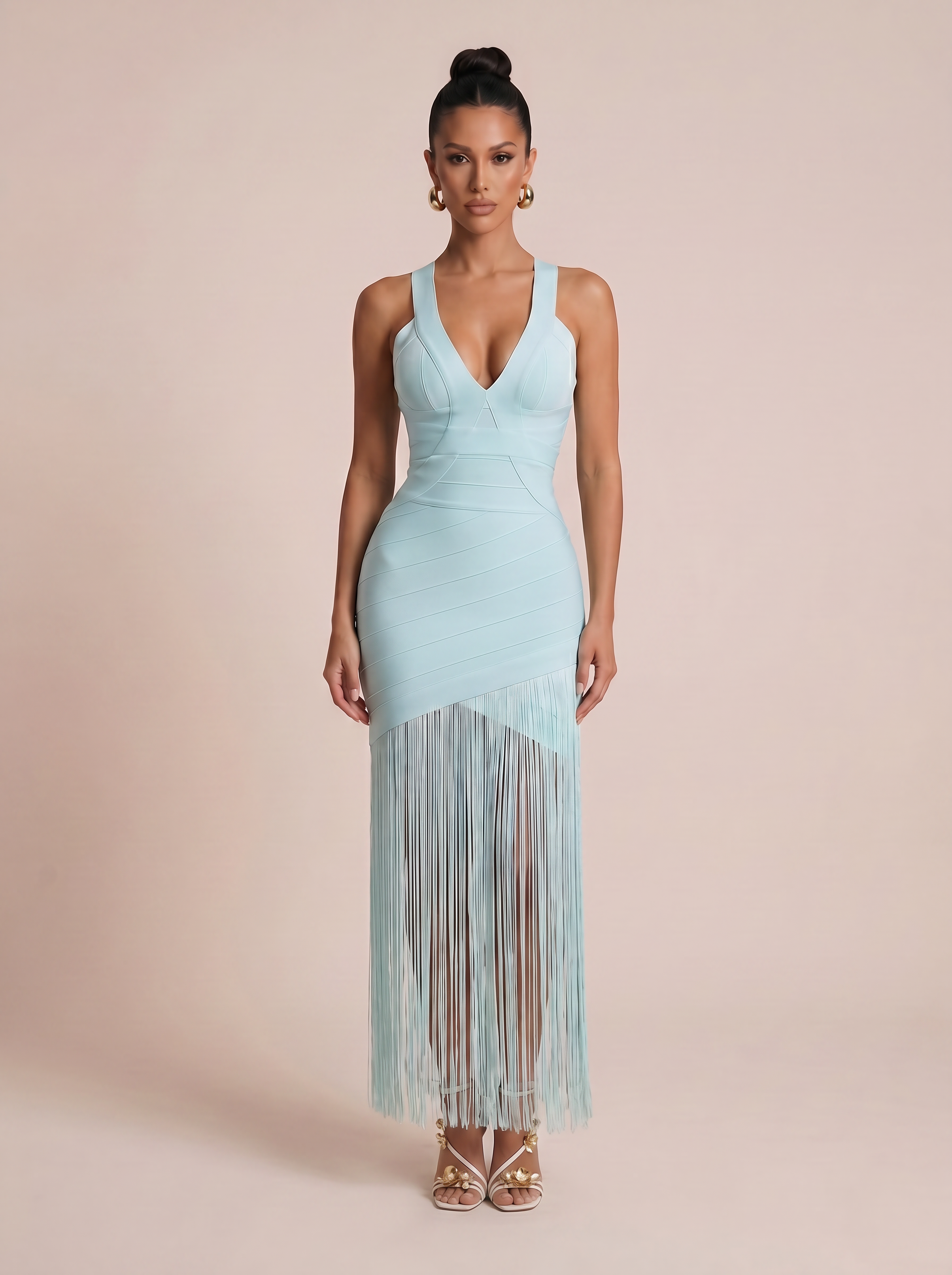 Demi Blue V Neck Tassle Fringe Bandage Maxi Dress