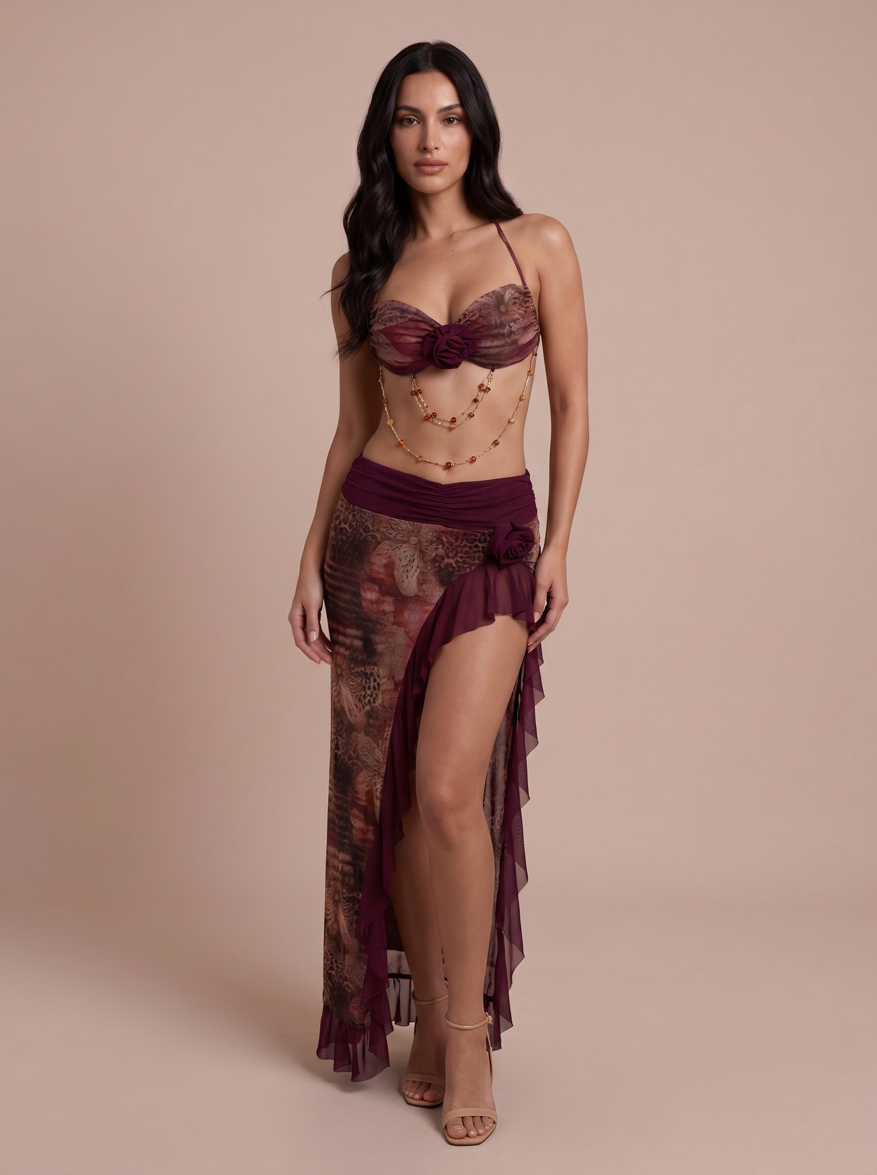Fiora Red Y2K Two Piece Set Crop Top & Ruffle Maxi Skirt