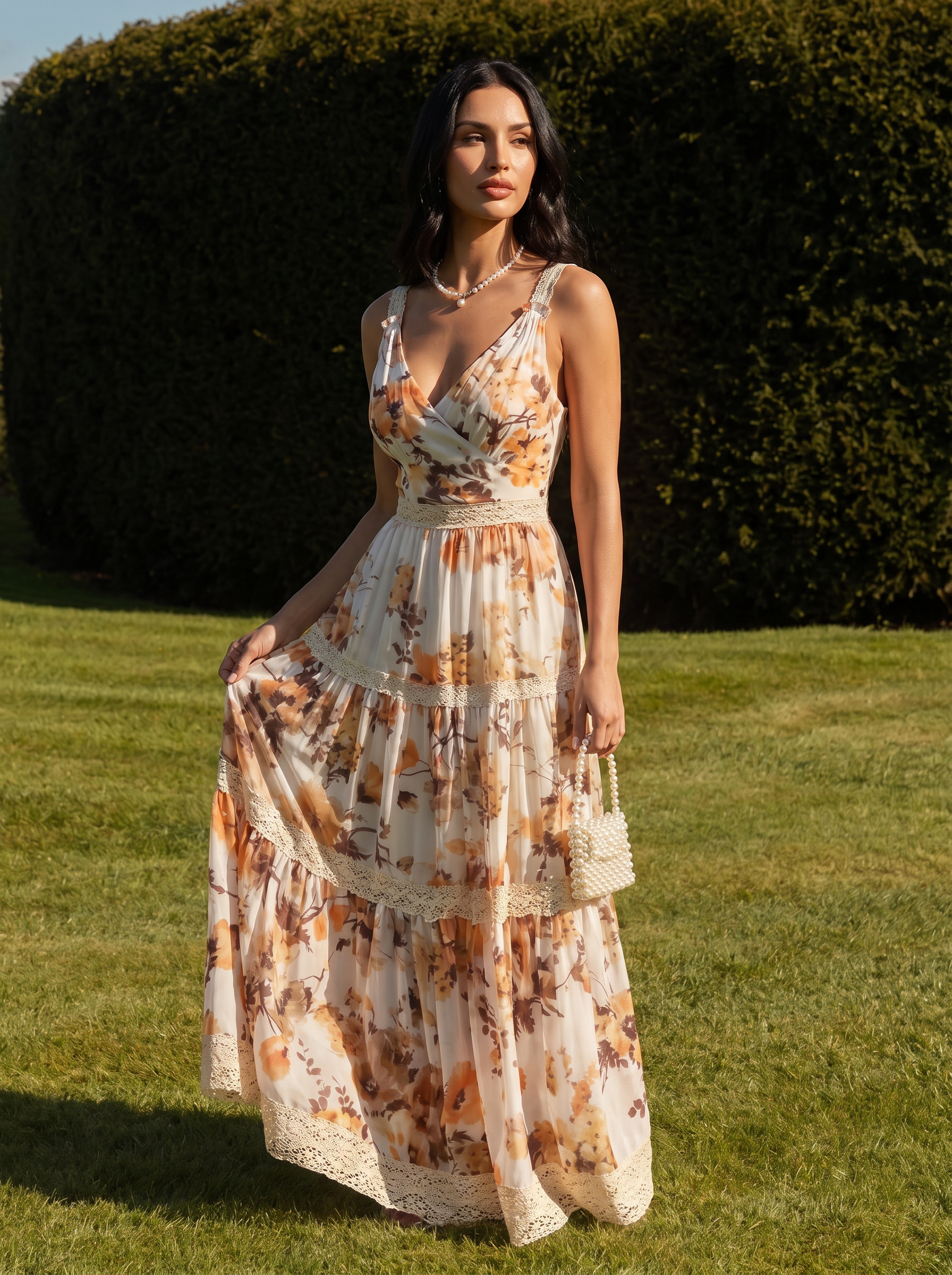 Giada Boho Floral Lace Chiffon Dress V Neck Summer Maxi Dress