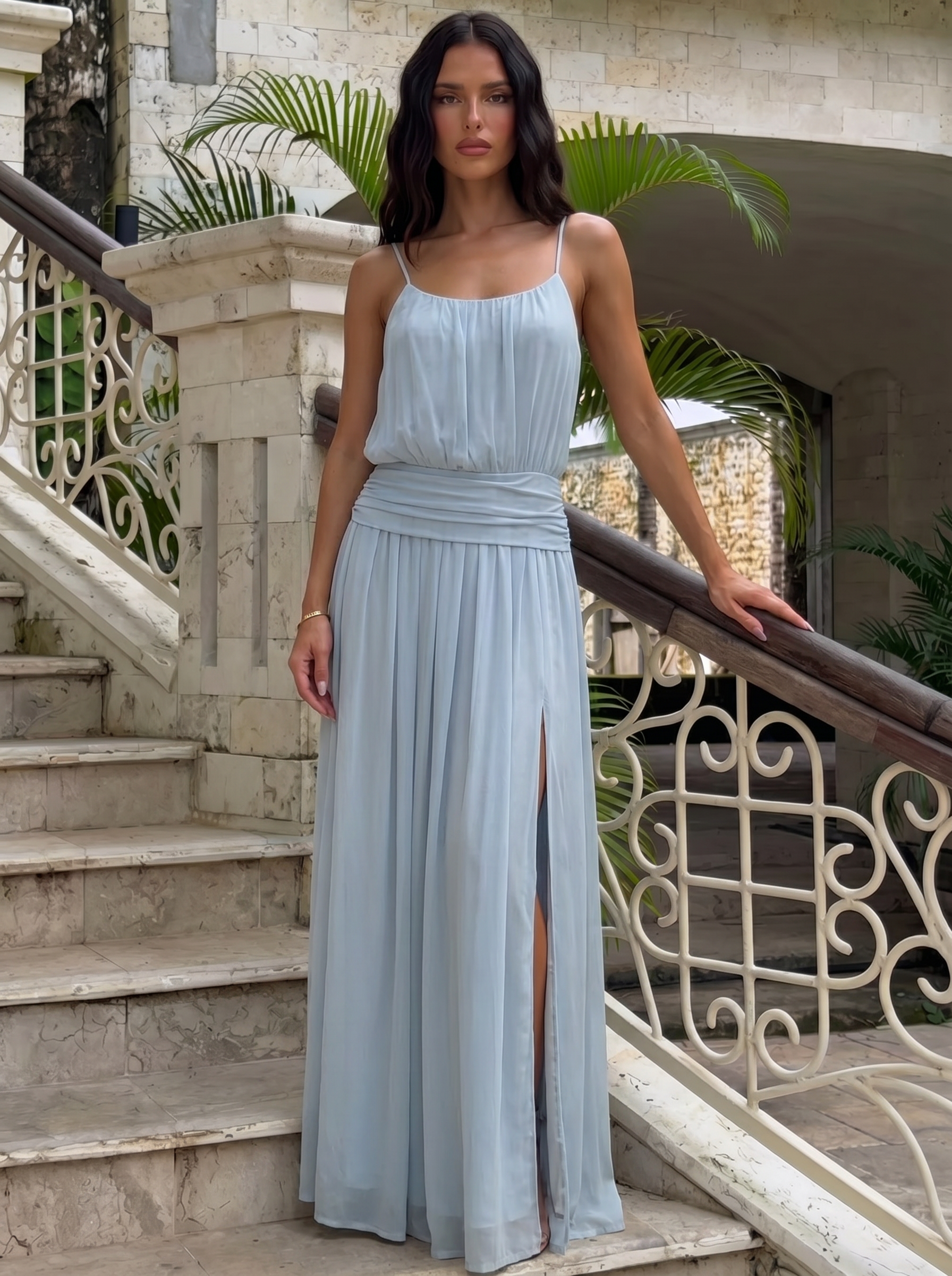 Jasymine Blue High Split Mesh Sling Maxi Dress