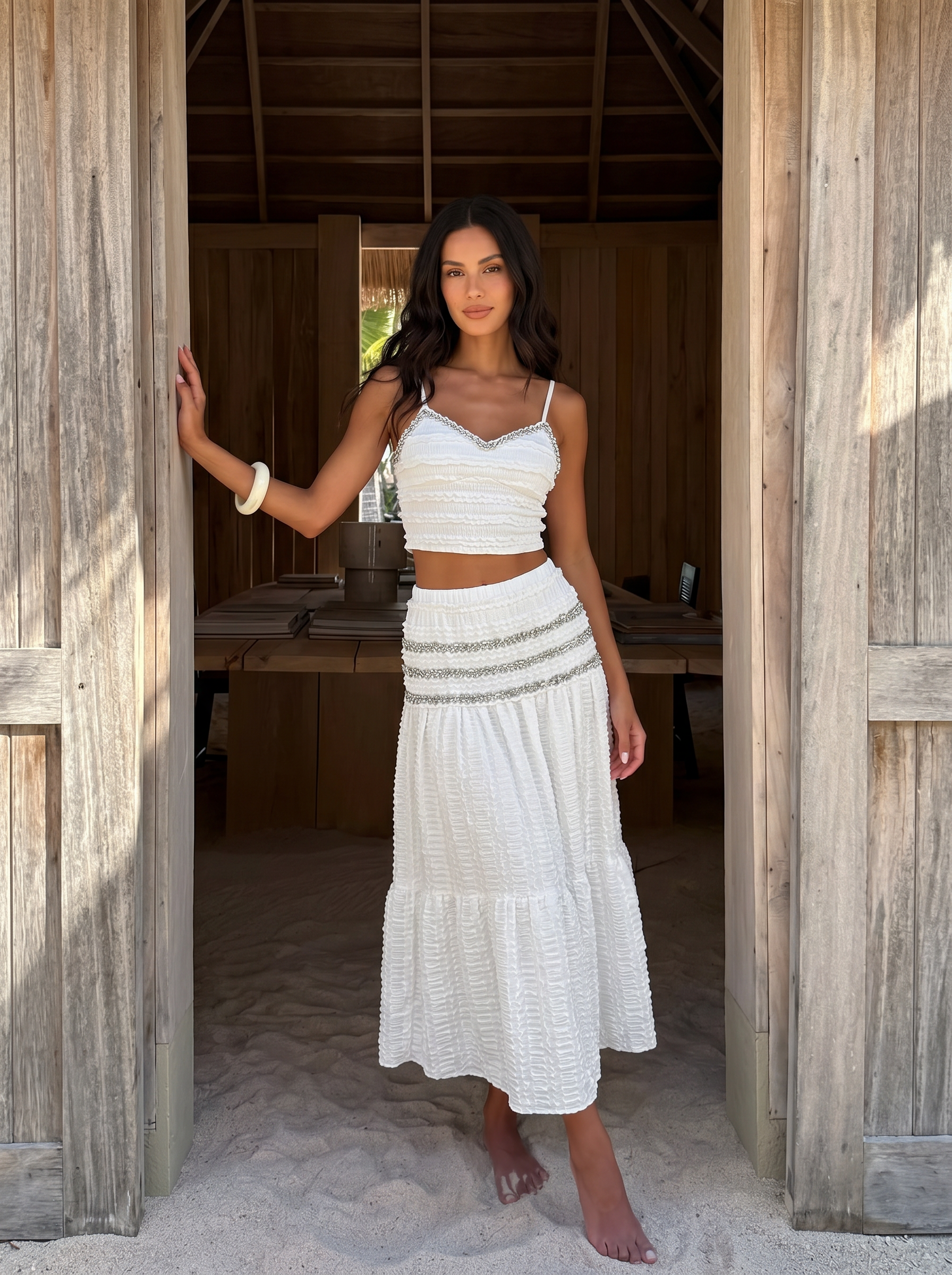 Jolie Rhinestone Pleated Crop Top & Maxi Skirt Two Piece Set