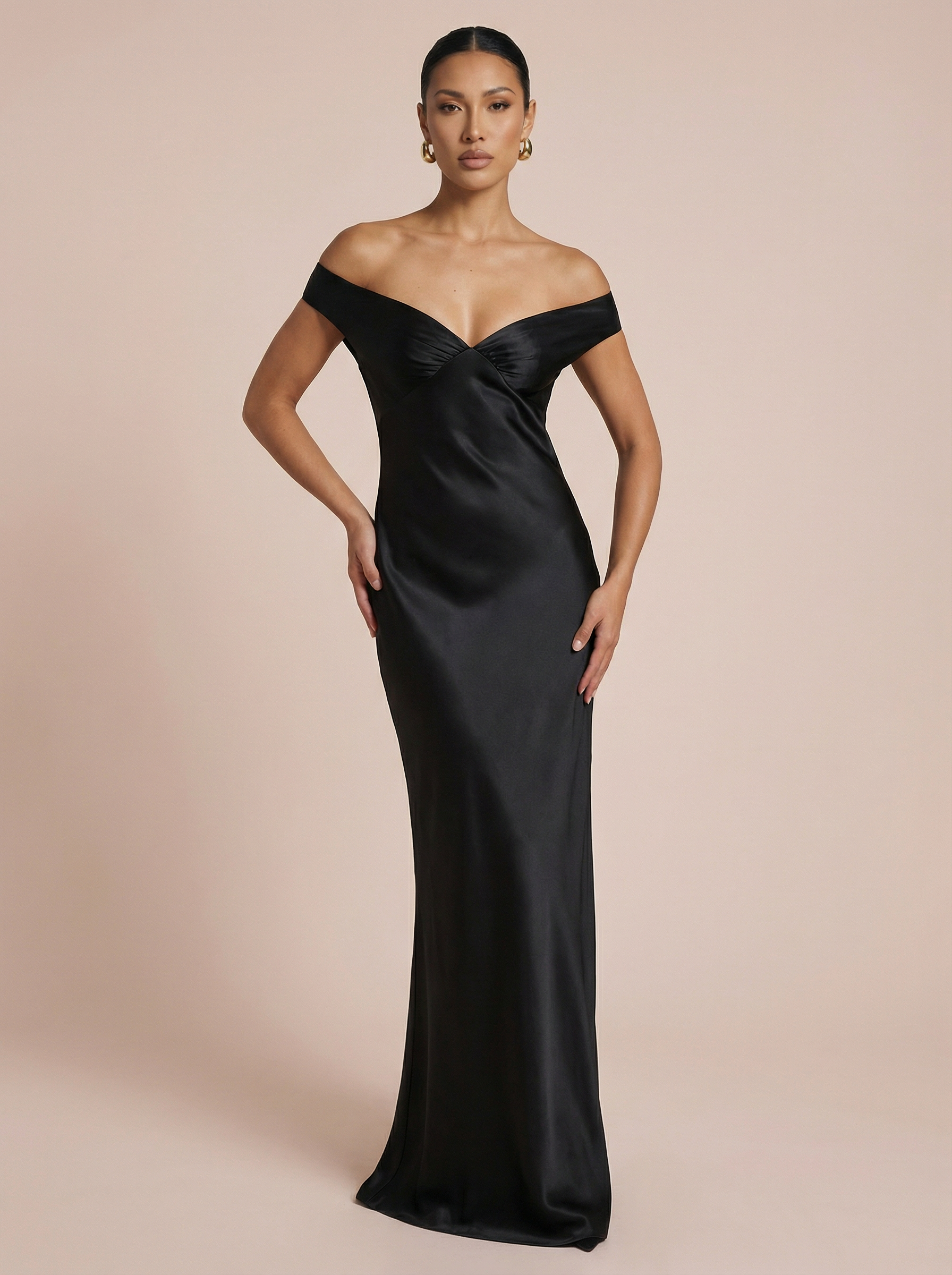 Caicos Satin Off-shoulder Backless Maxi Dress