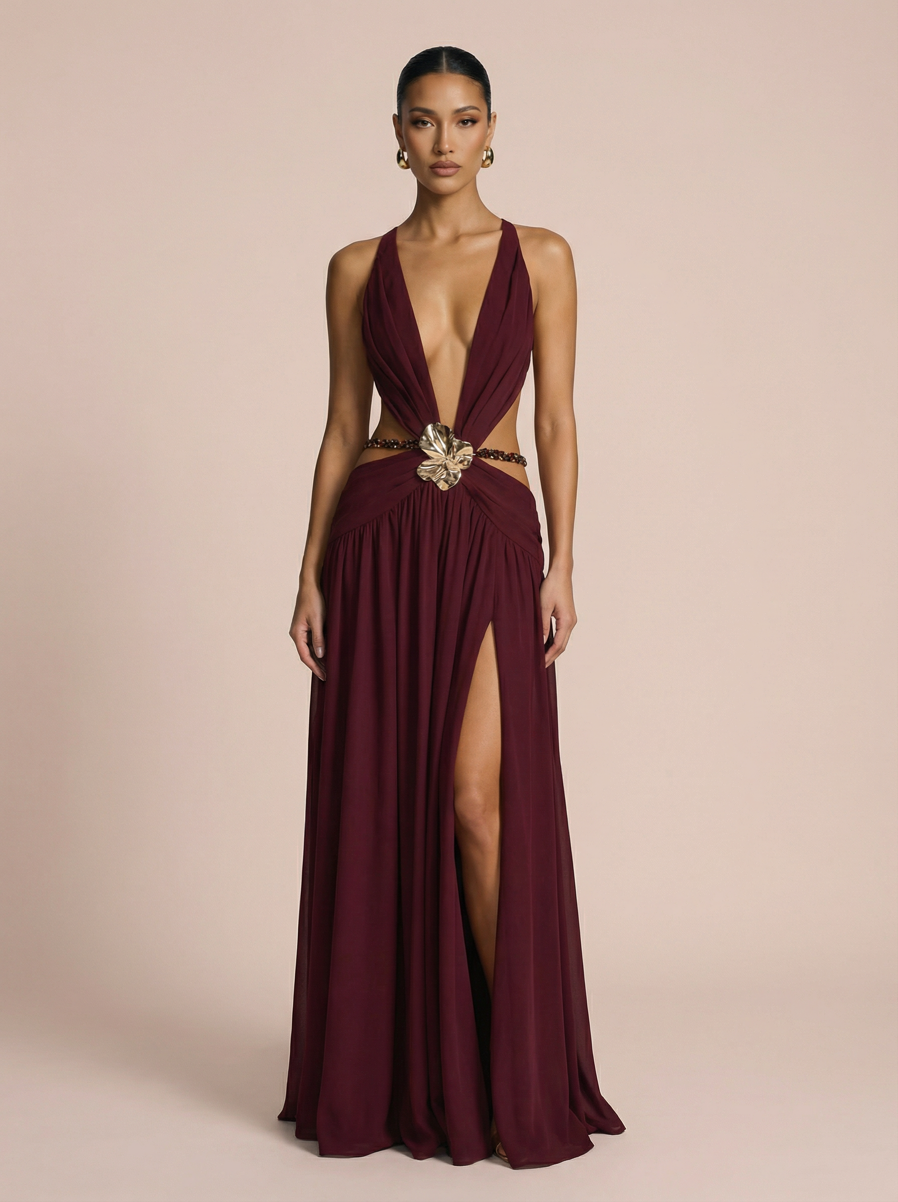Anotella V-Neck Cut Out Backless No Belt Maxi Dress