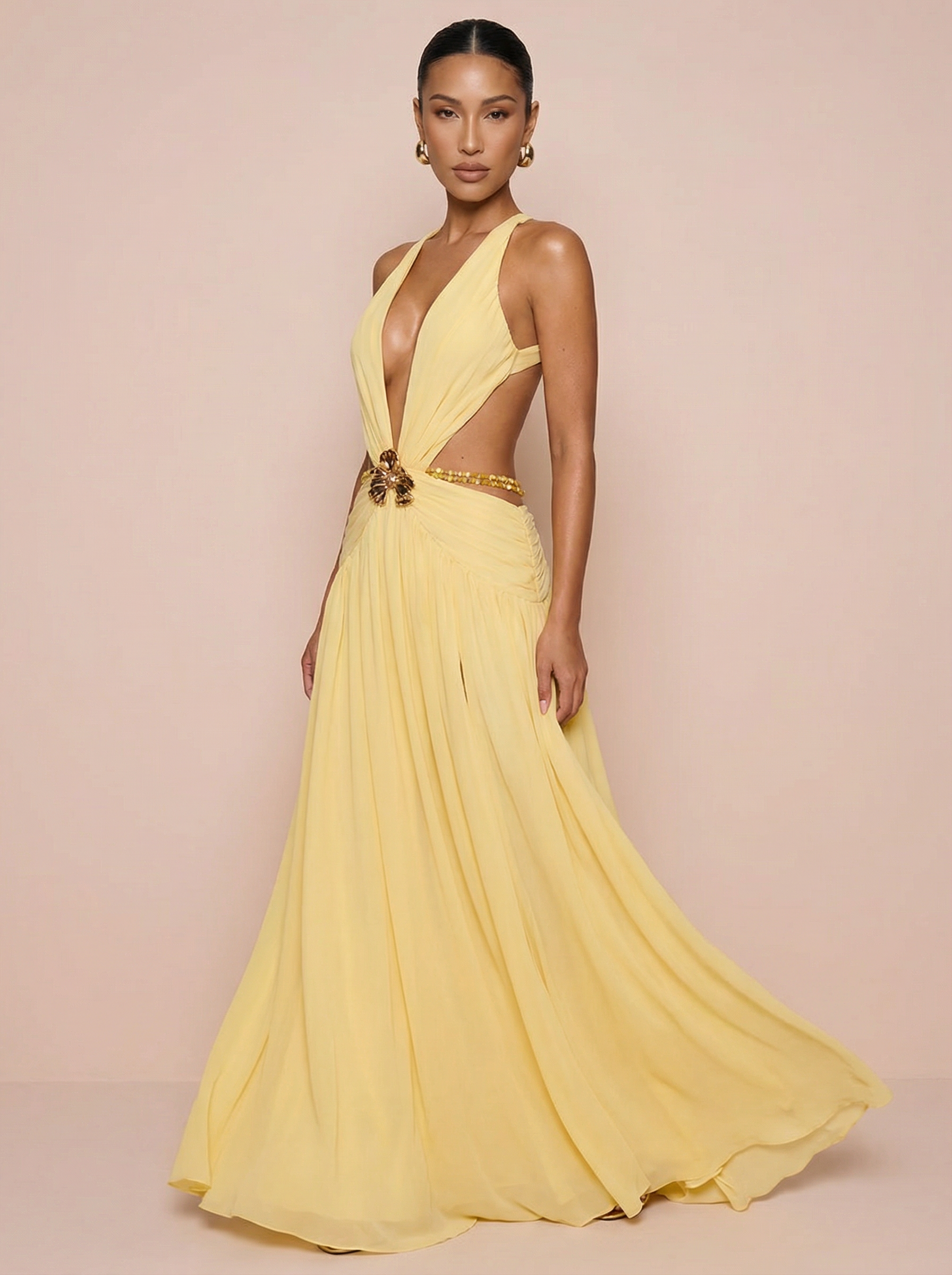 Anotella V-Neck Cut Out Backless No Belt Maxi Dress