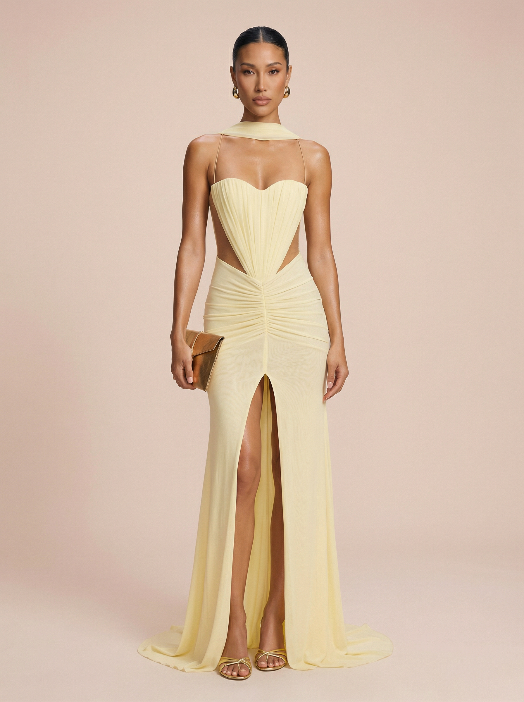 Jarrisa Yellow Sleeveless Ruched Maxi Dress