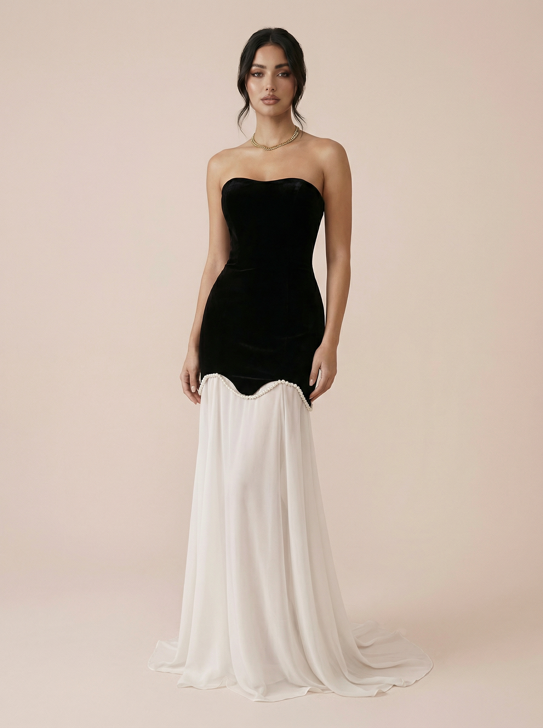 Tiziana legant Pearl Strapless Maxi Two Piece Set