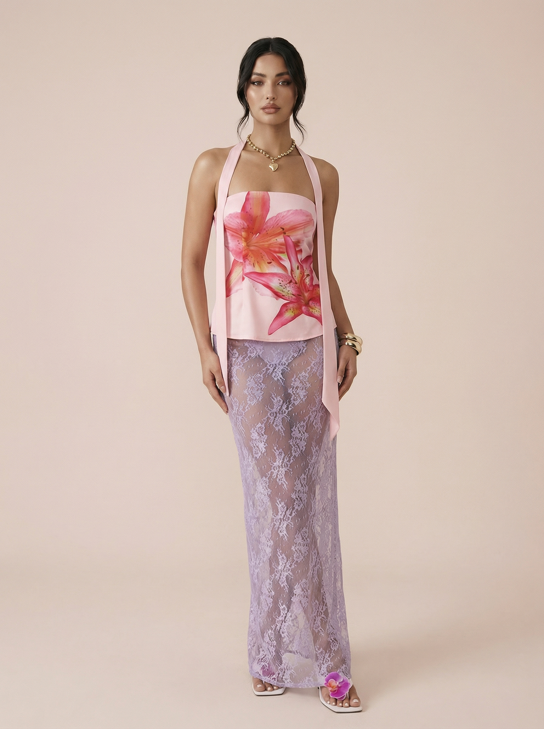 Ivanna Strapless Print Floral Ribbon Two Piece Set