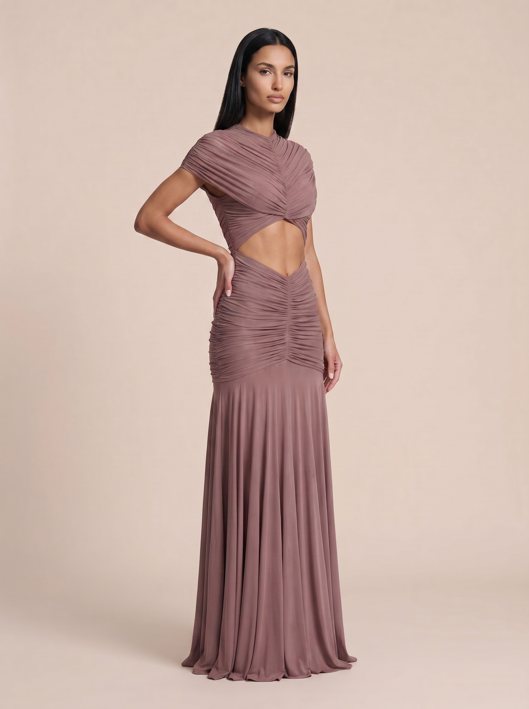 Jolie Turtleneck Ruched Short Sleeve A-line Maxi Dress