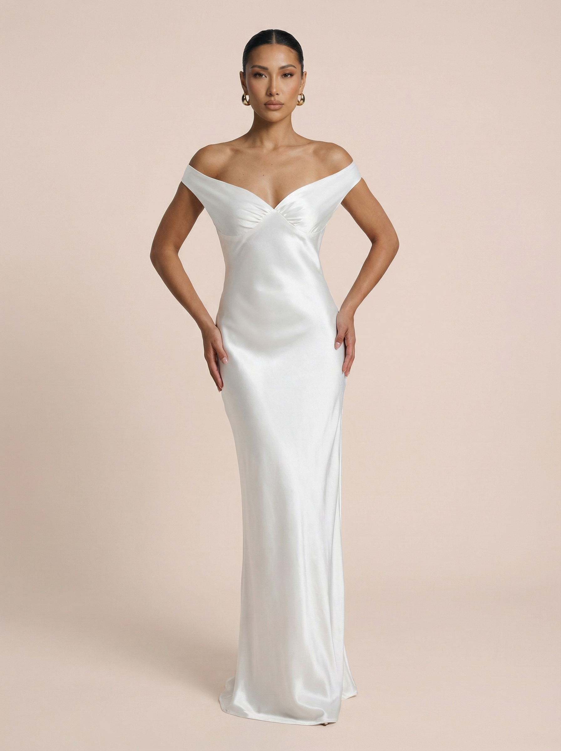 Caicos Satin Off-shoulder Backless Maxi Dress