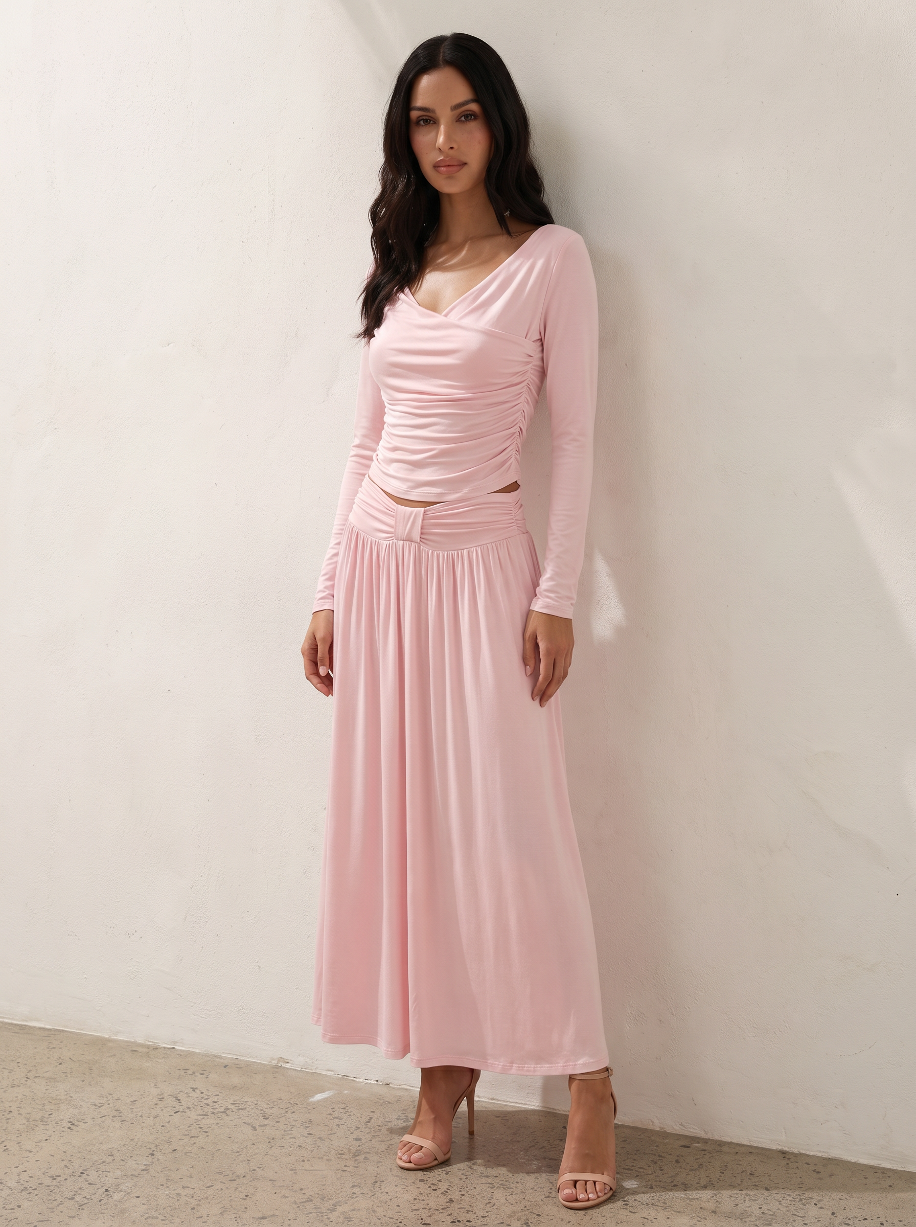 Coralie Pink Long Sleeve Top & Maxi Skirt Two Piece Set