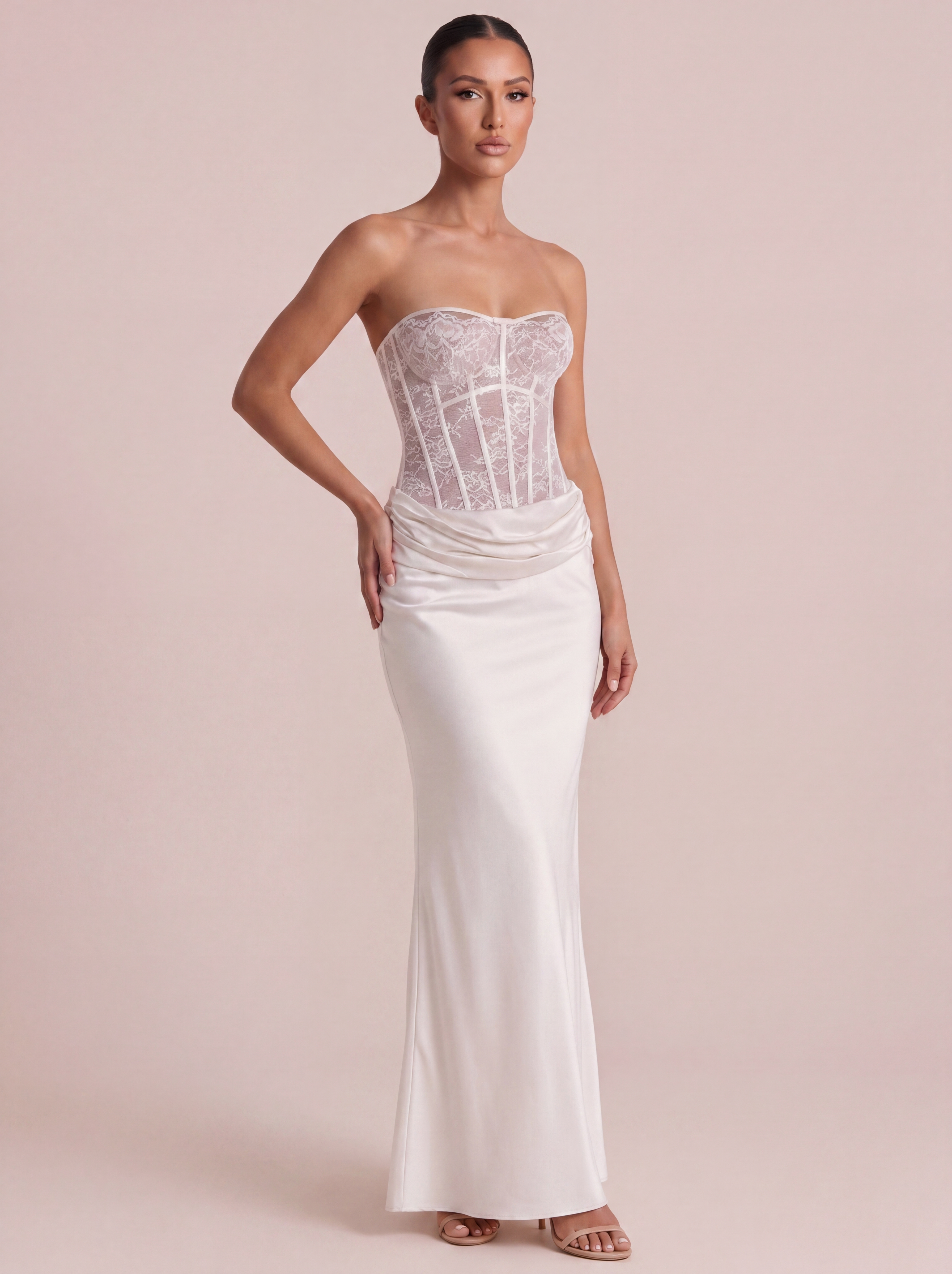 Stefania White Lace Corset Satin Maxi Dress
