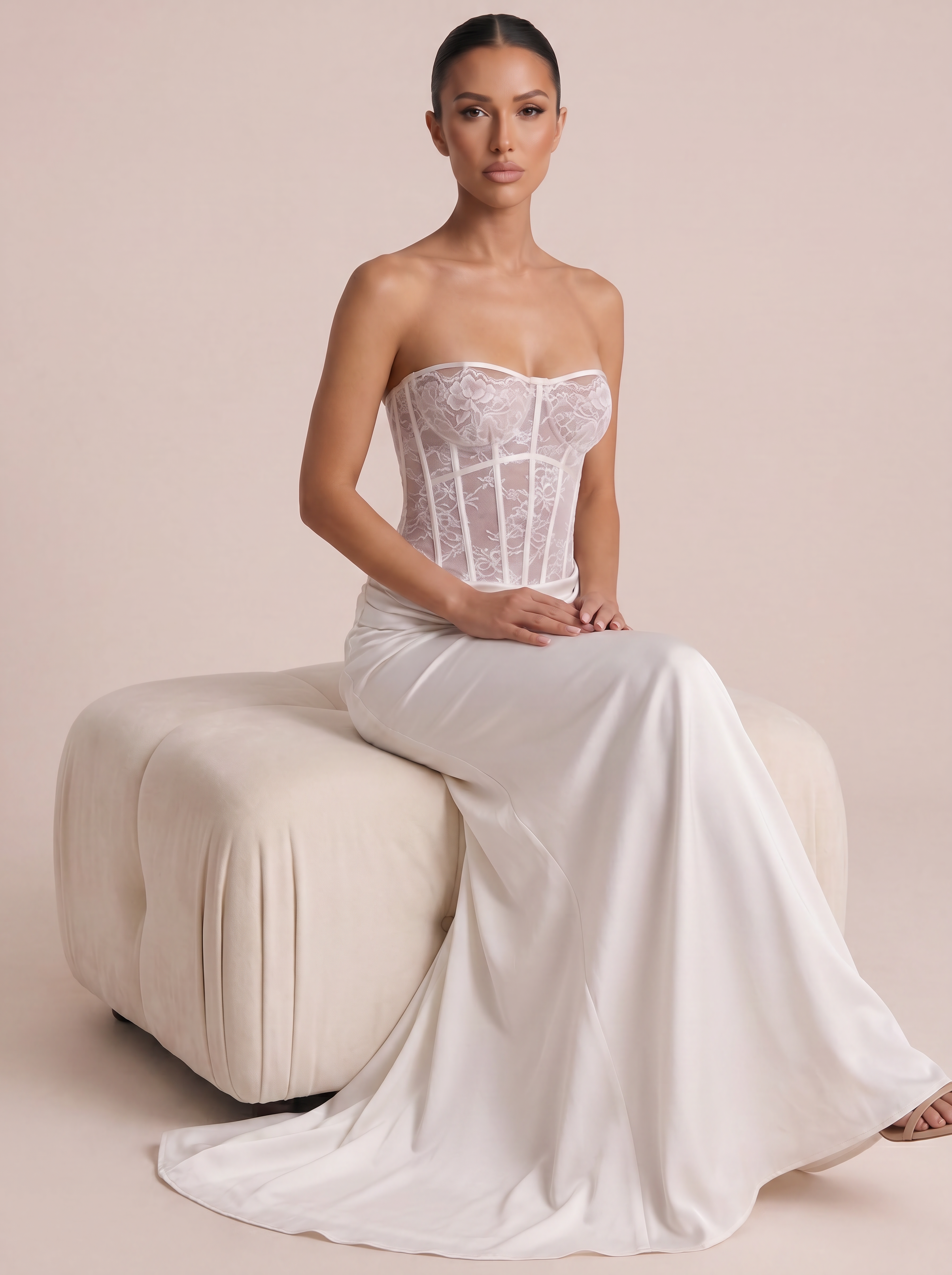 Stefania White Lace Corset Satin Maxi Dress