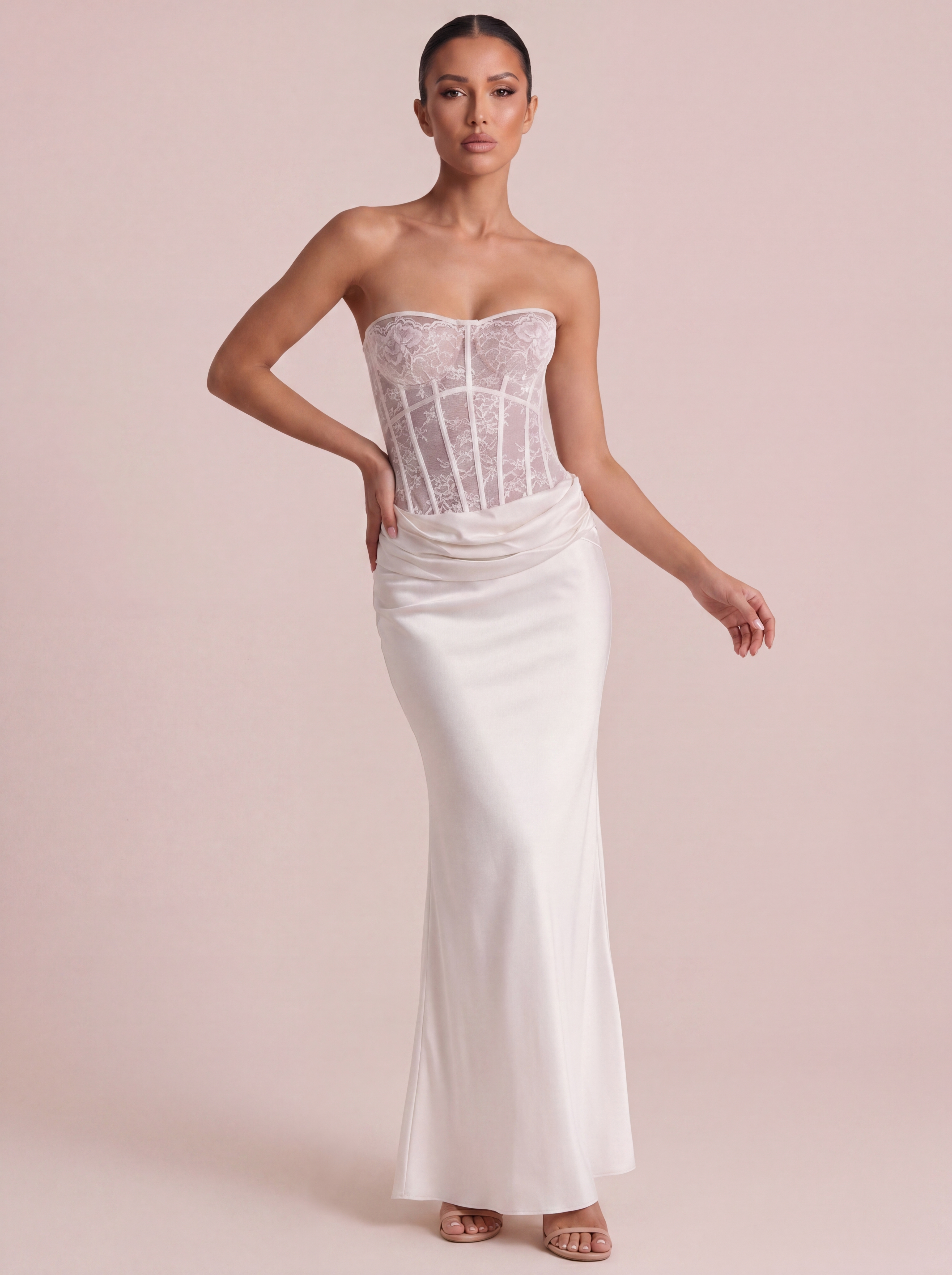 Stefania White Lace Corset Satin Maxi Dress