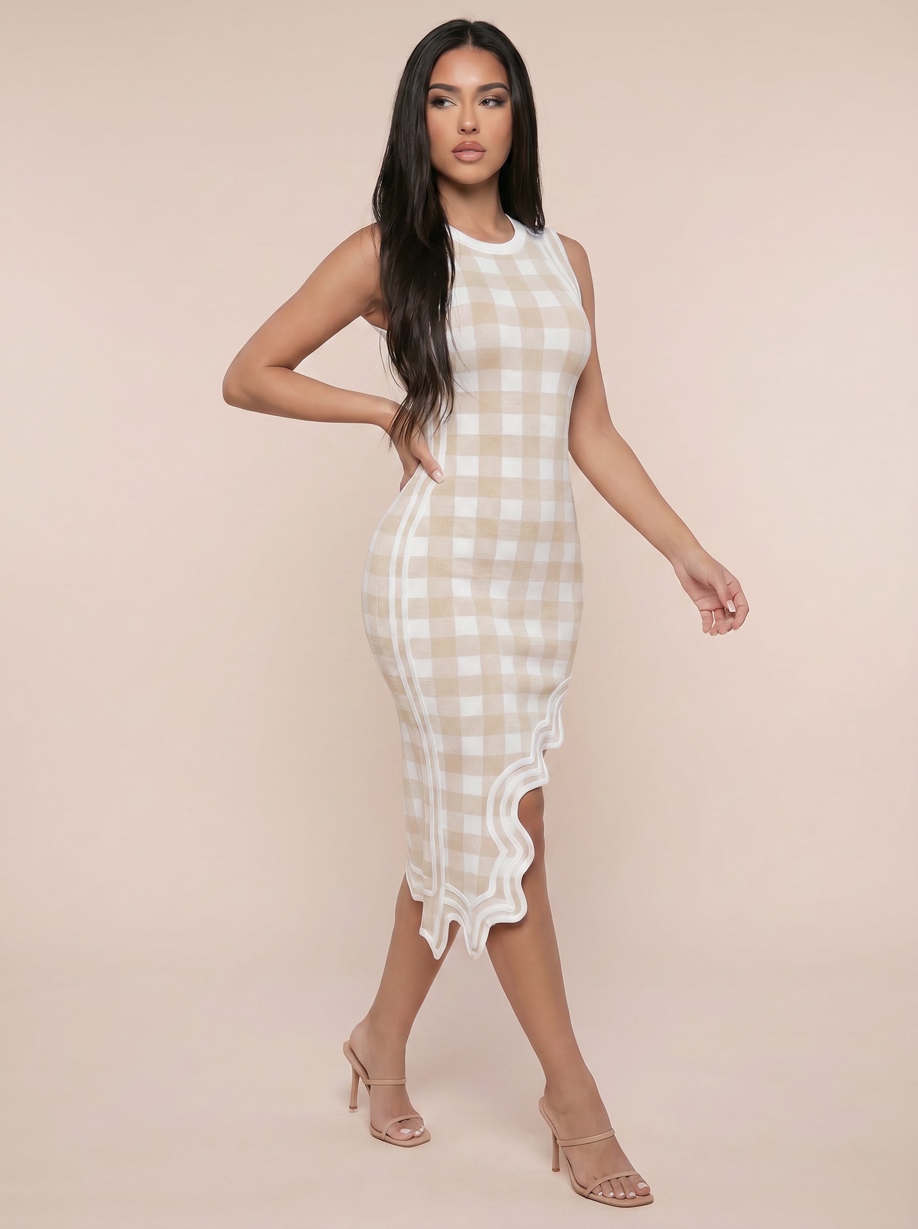 Maren Plaid Asymmetrical Bodycon Bandage Maxi Dress