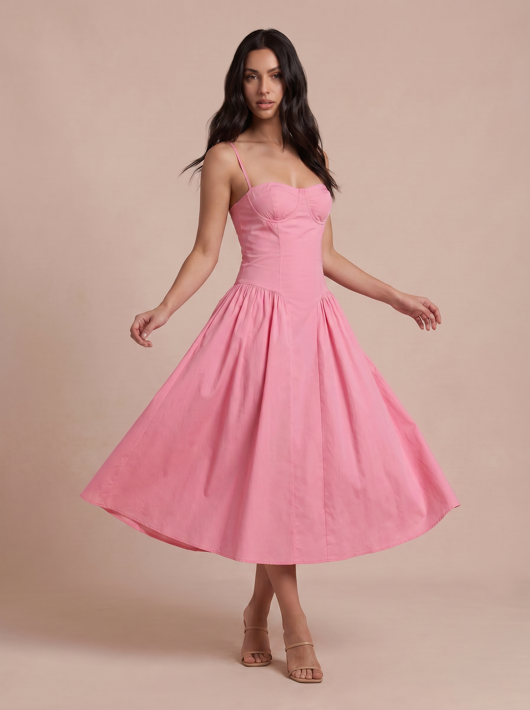 Alexi Pink Corset Spaghetti Strap Midi Sundress Dress