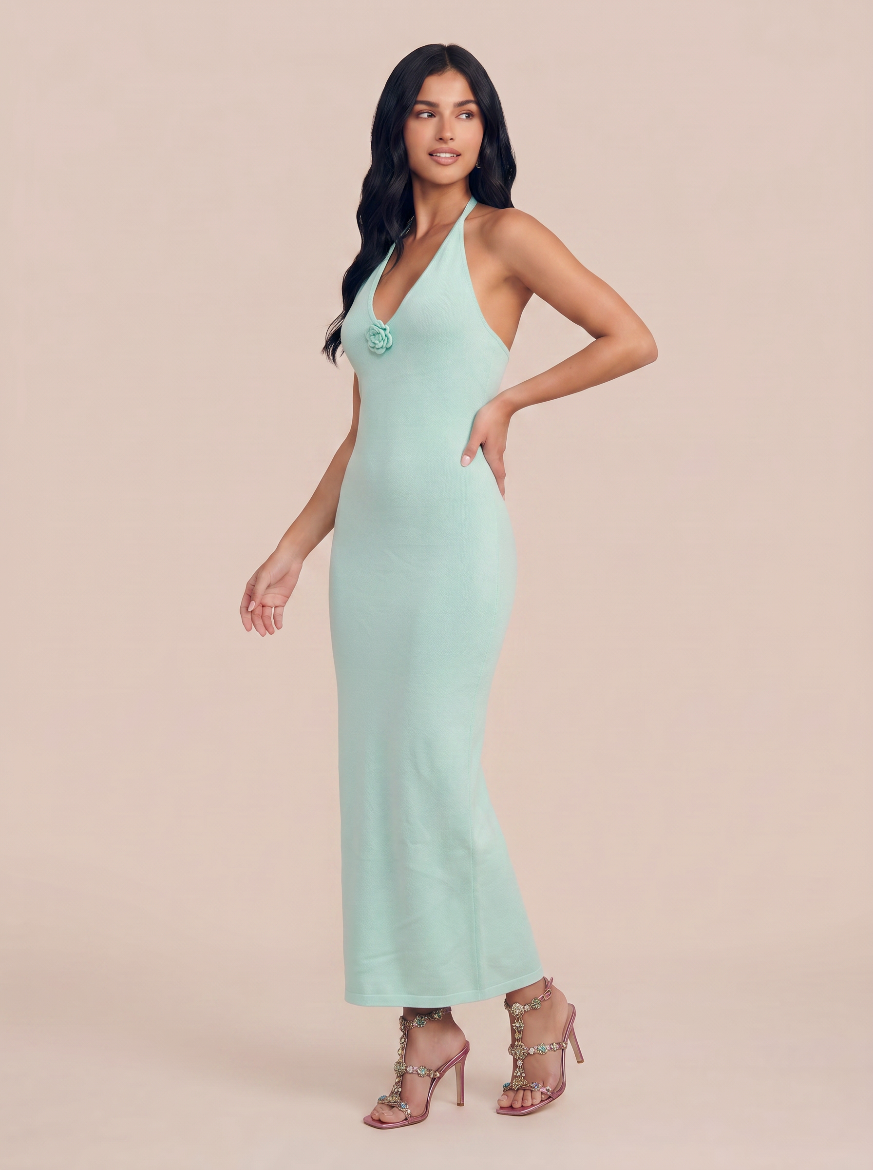 Andrea Green Knit Halter Summer Maxi Dress
