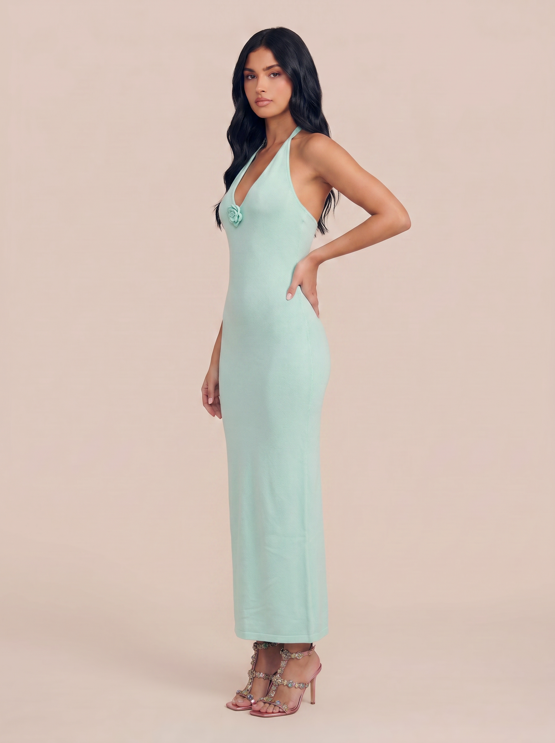 Andrea Green Knit Halter Summer Maxi Dress