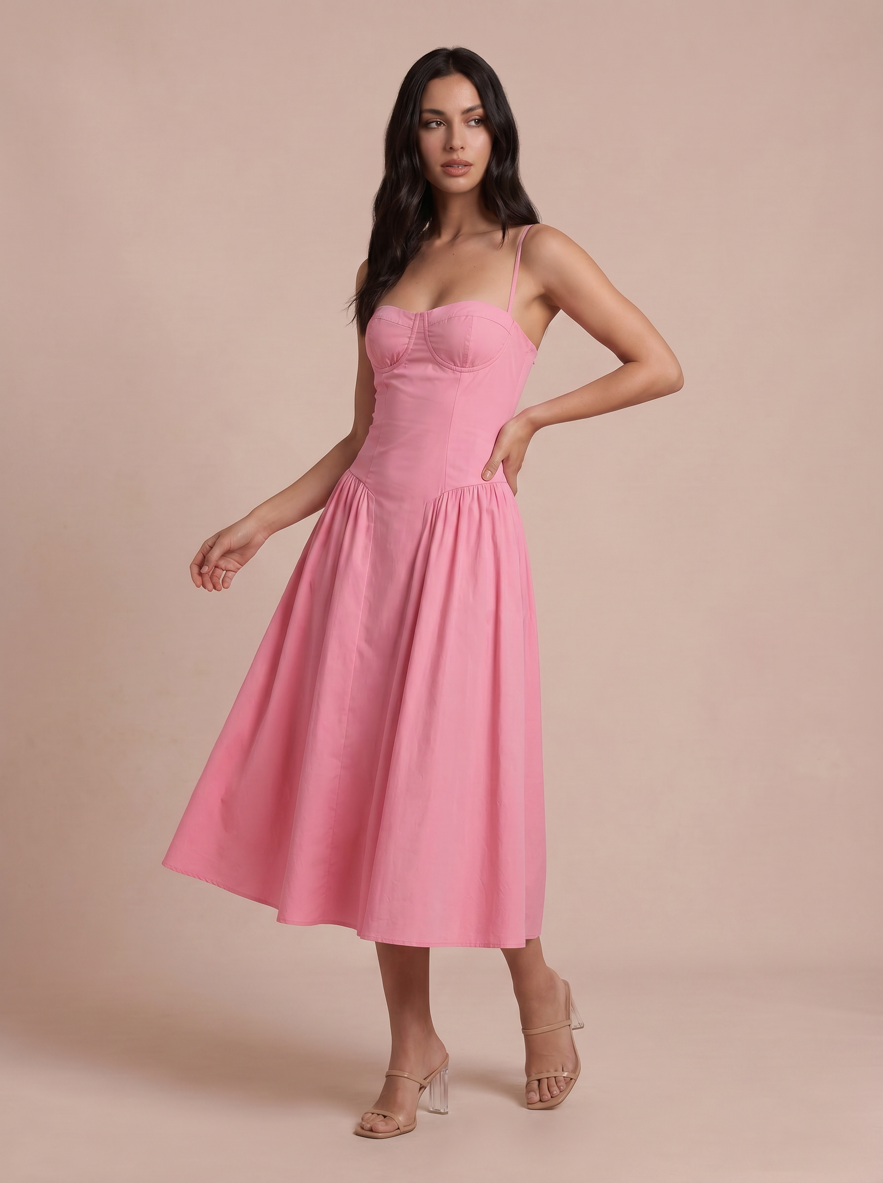 Alexi Pink Corset Spaghetti Strap Midi Sundress Dress
