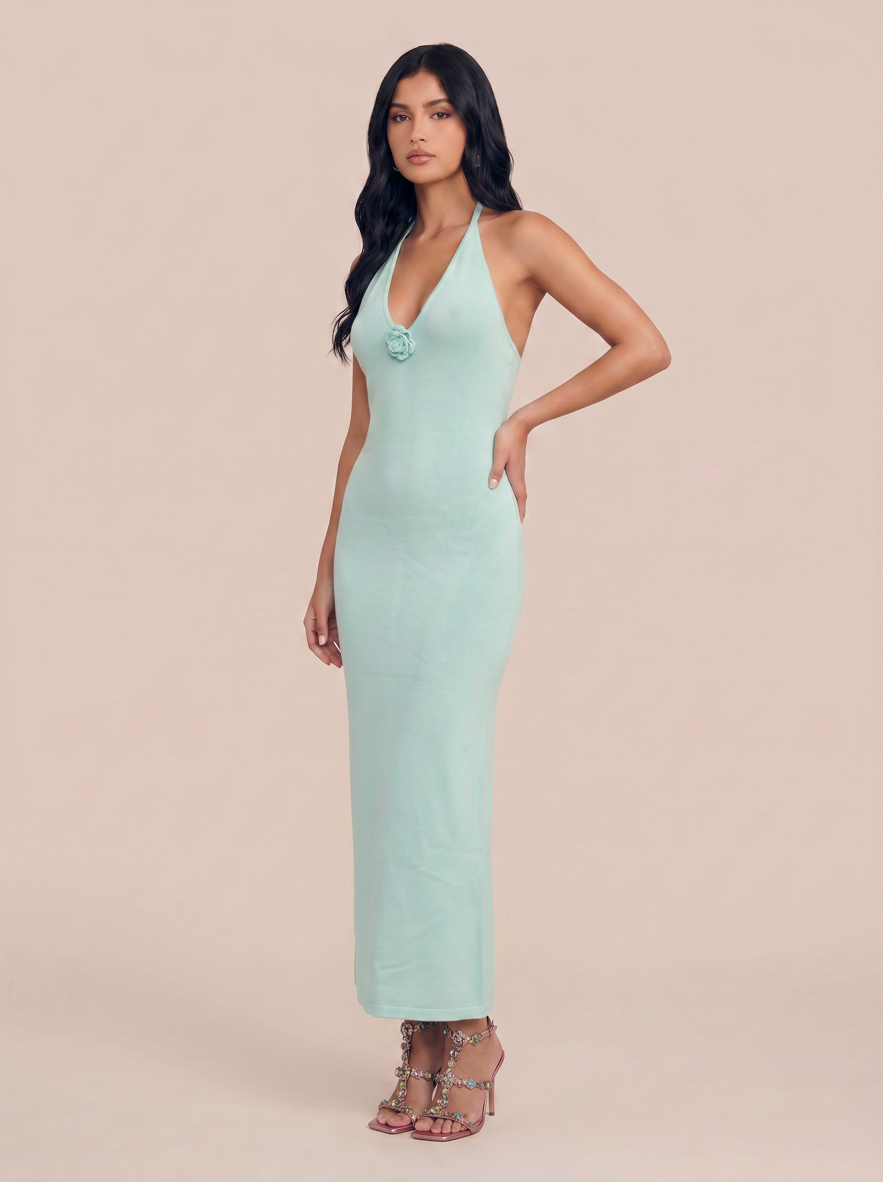 Andrea Green Knit Halter Summer Maxi Dress