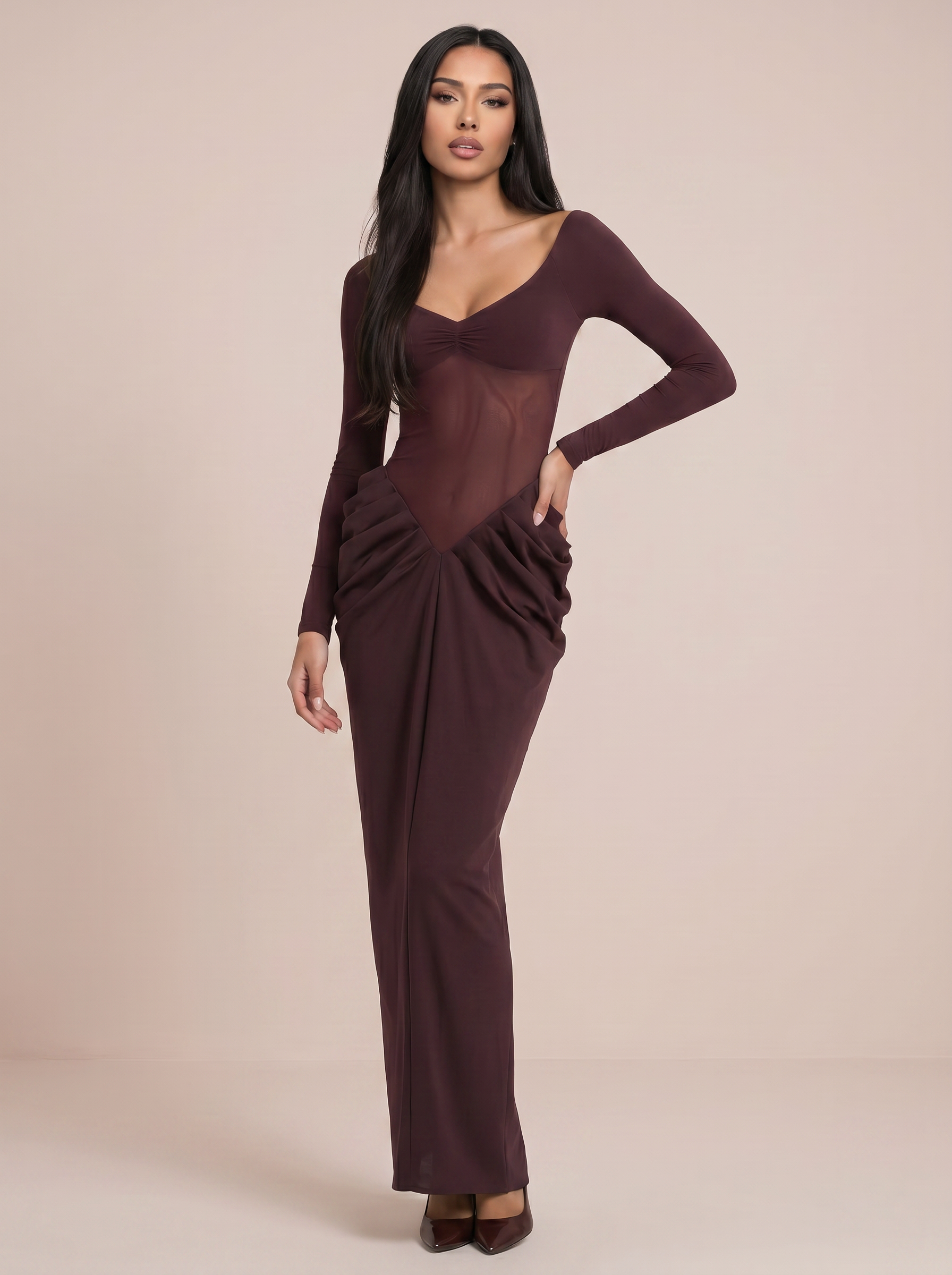 Senau Scoop Neck Long Sleeve Bodycon Maxi Dress