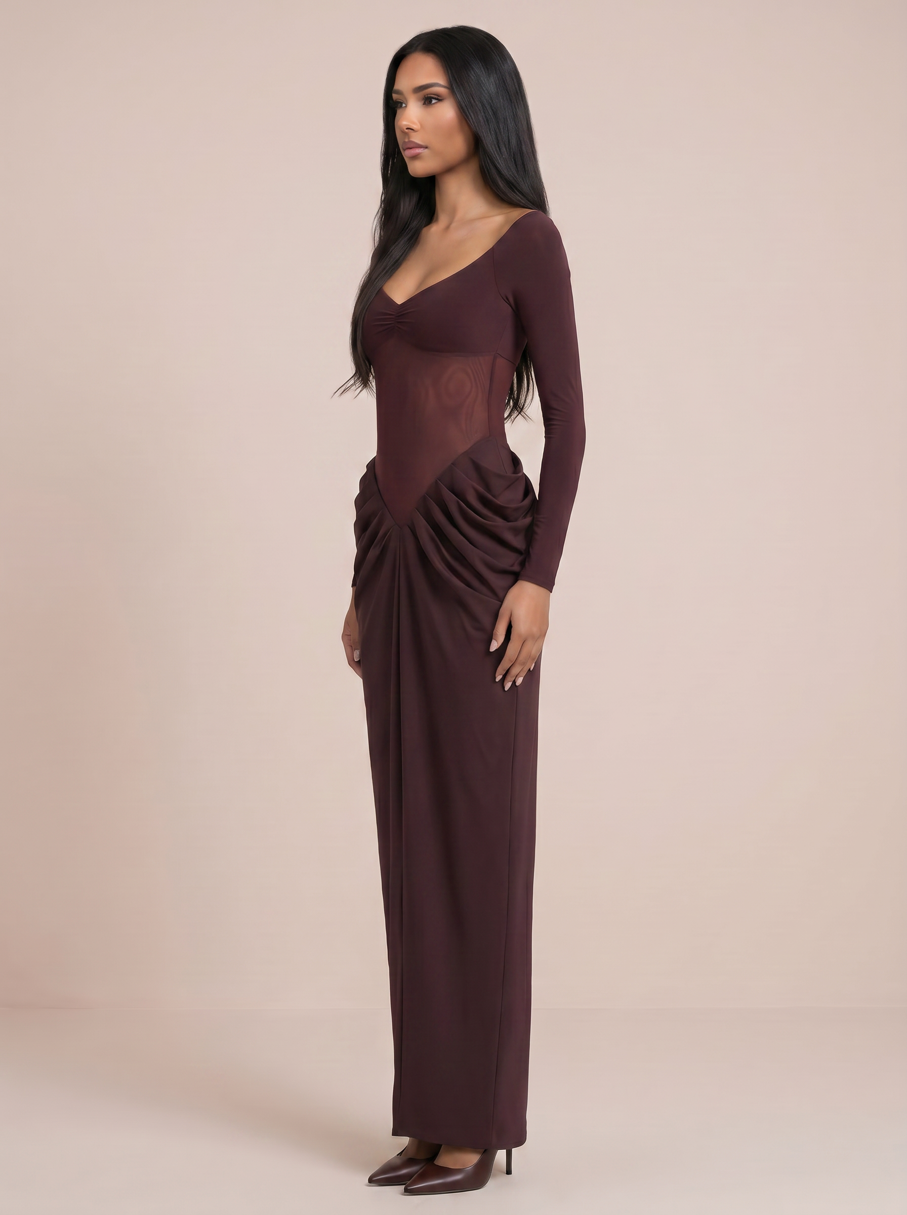 Senau Scoop Neck Long Sleeve Bodycon Maxi Dress