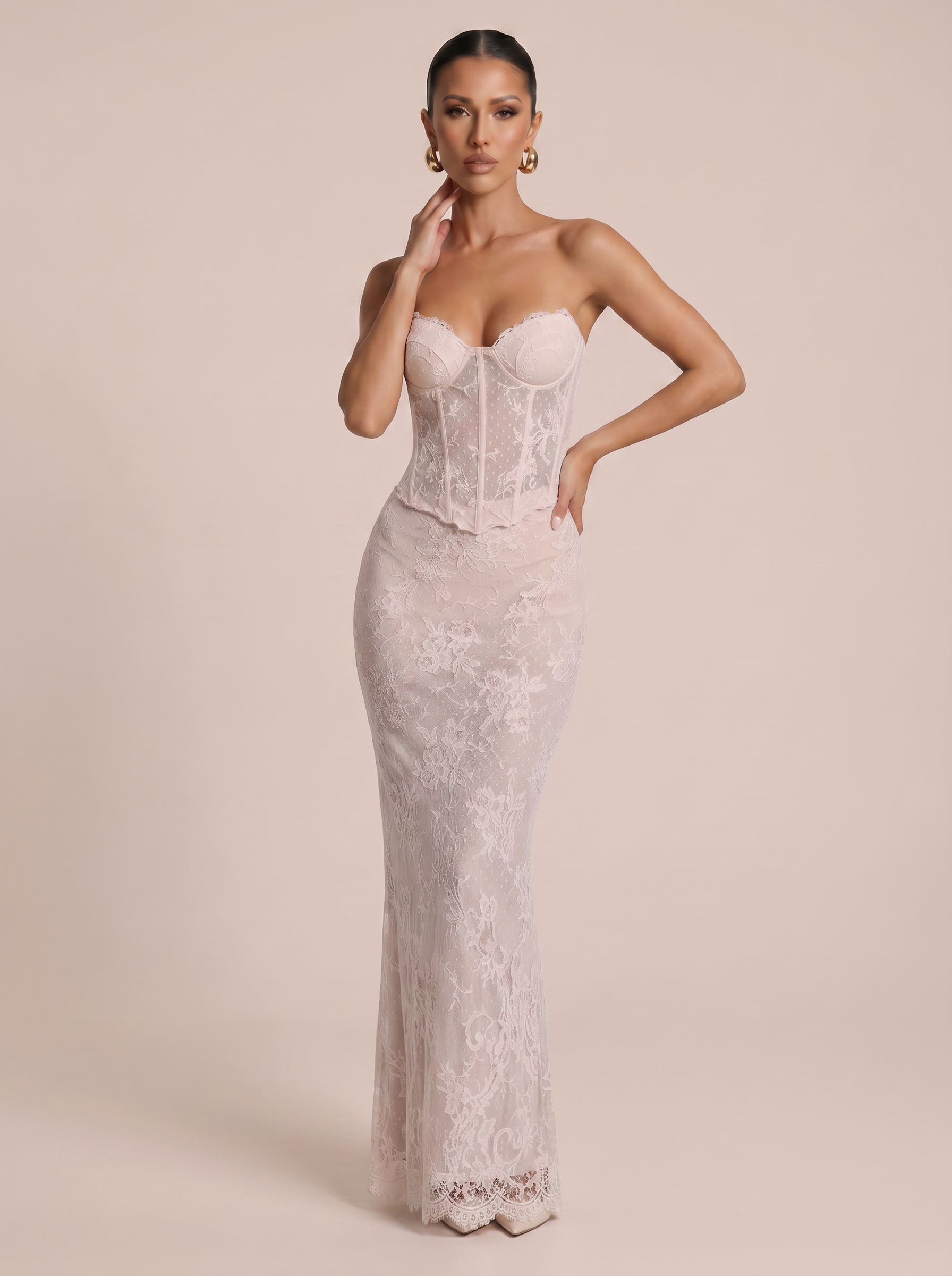 Junia Blush Pink Lace Strapless Corset Handmade Maxi Dress