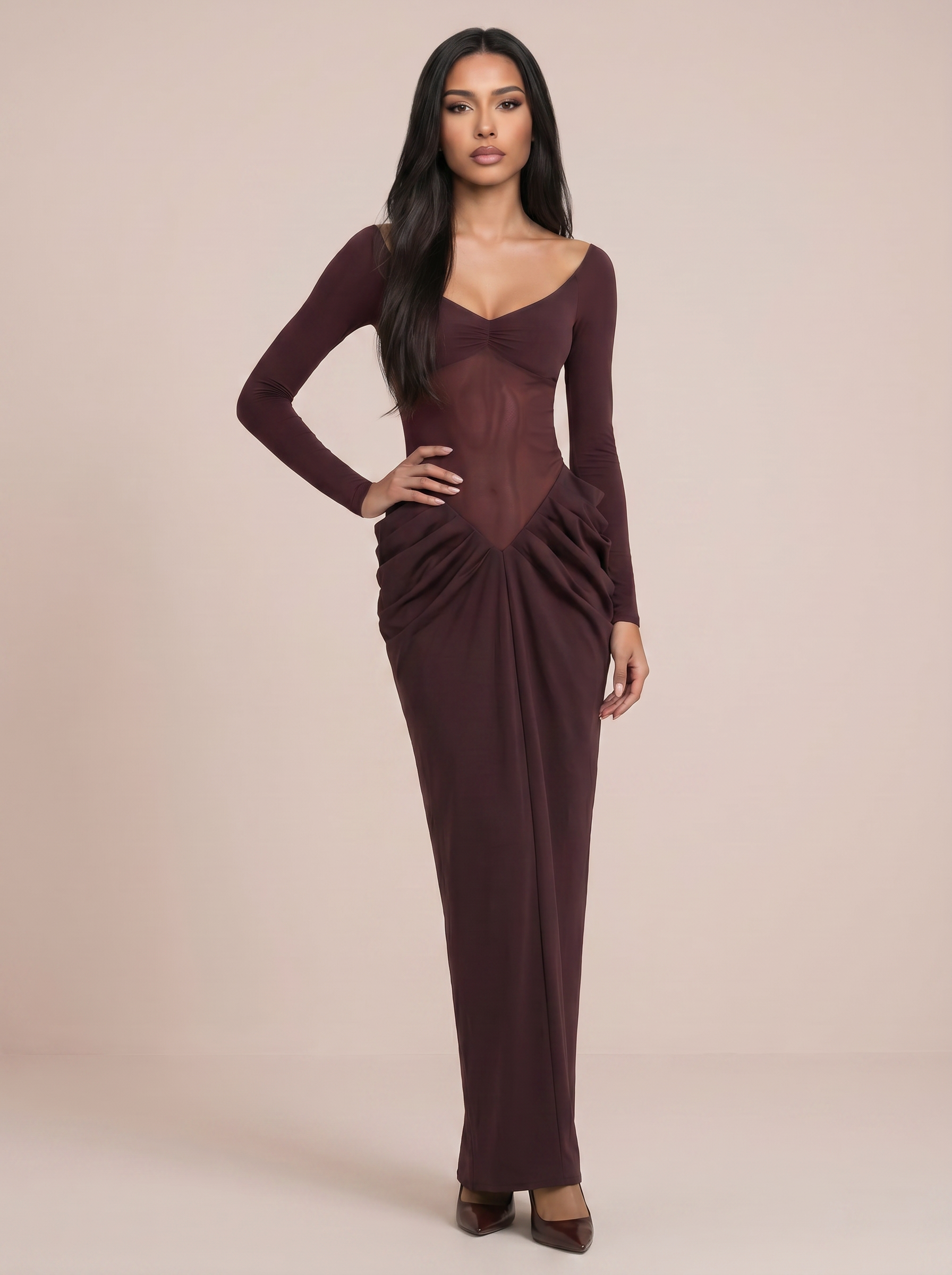 Senau Scoop Neck Long Sleeve Bodycon Maxi Dress