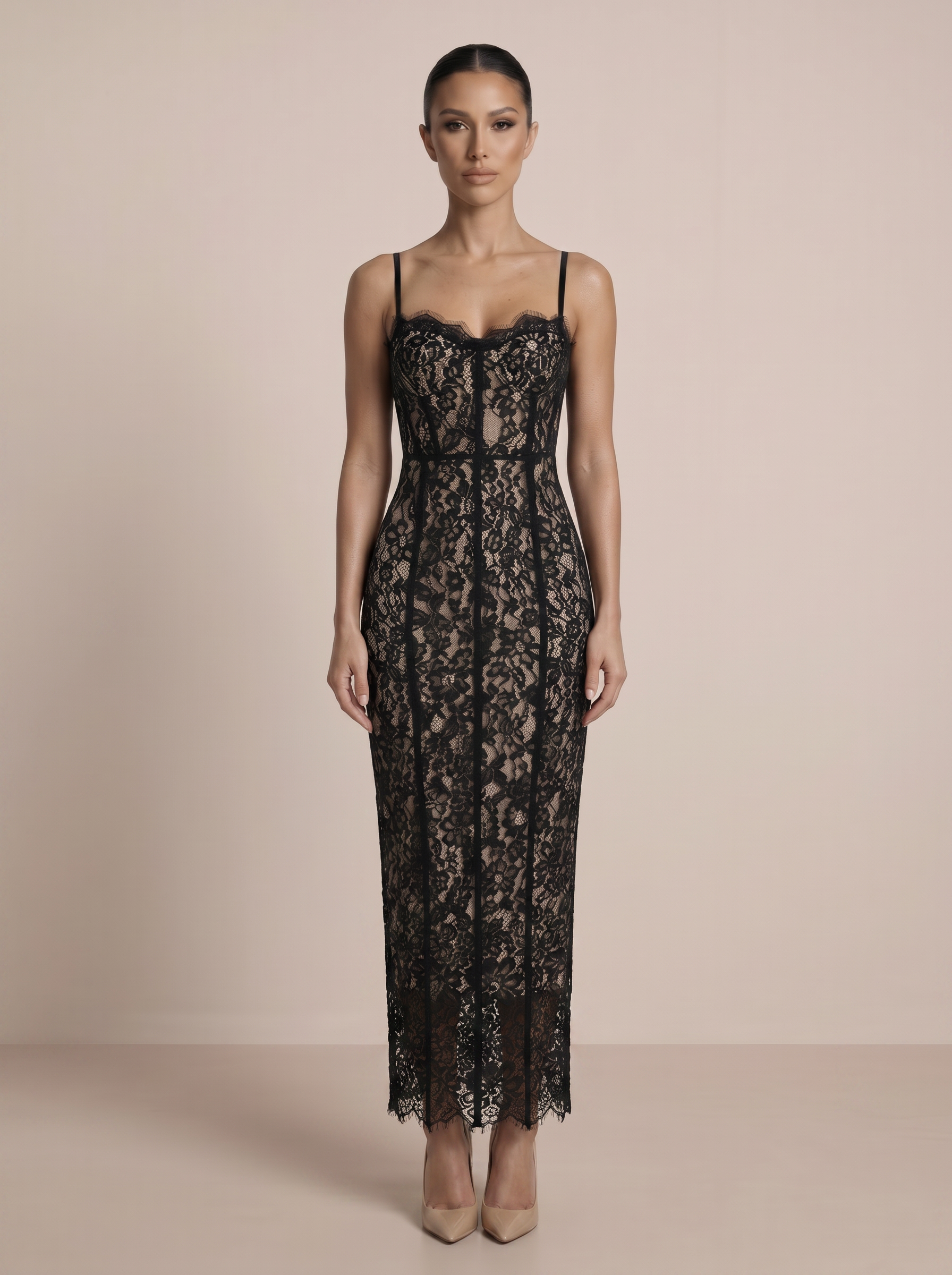 Ladia Spaghetti Strap Lace Bodycon Maxi Dress