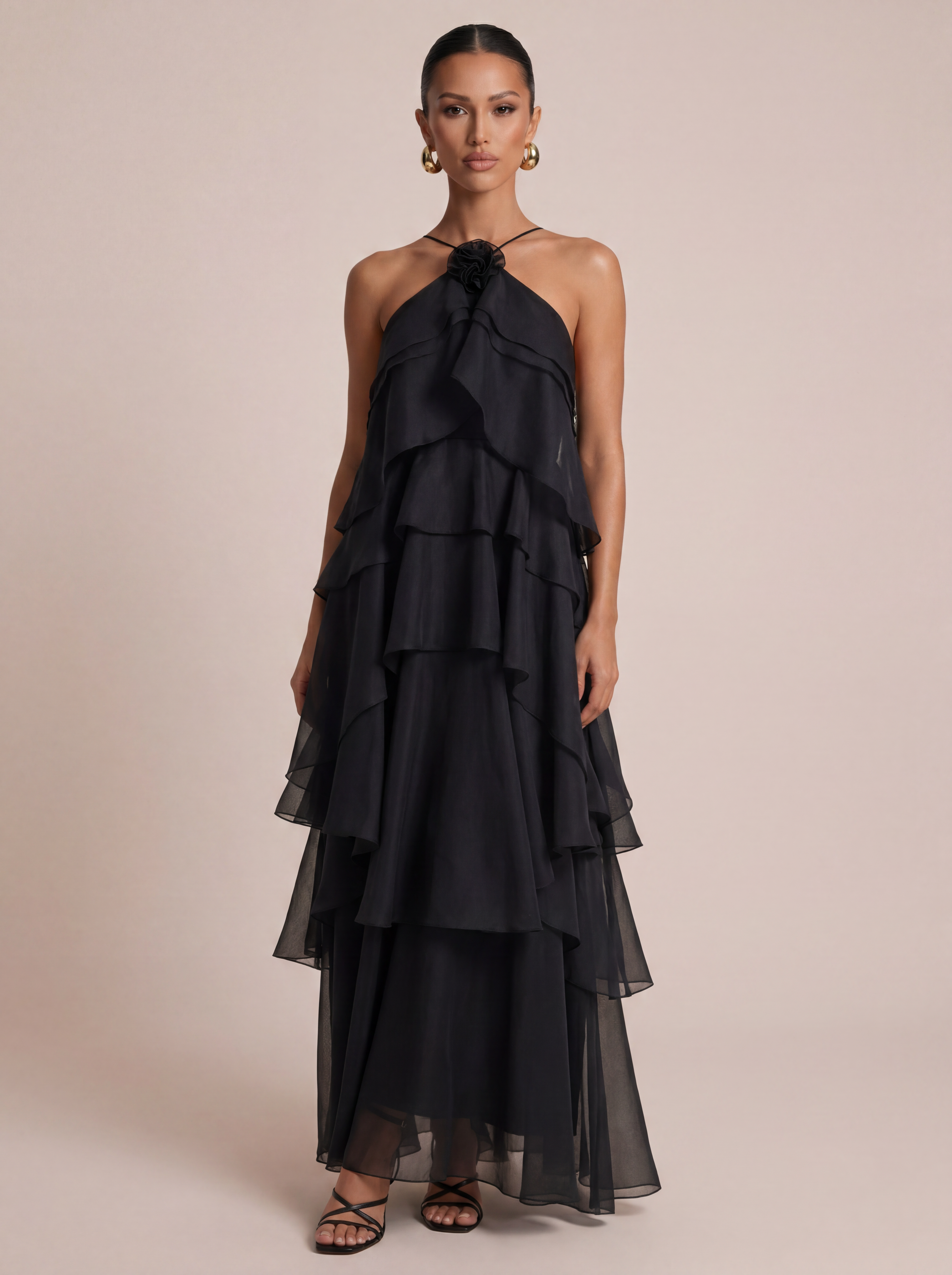 Cindy Flower Halter Ruffle Summer Maxi Dress