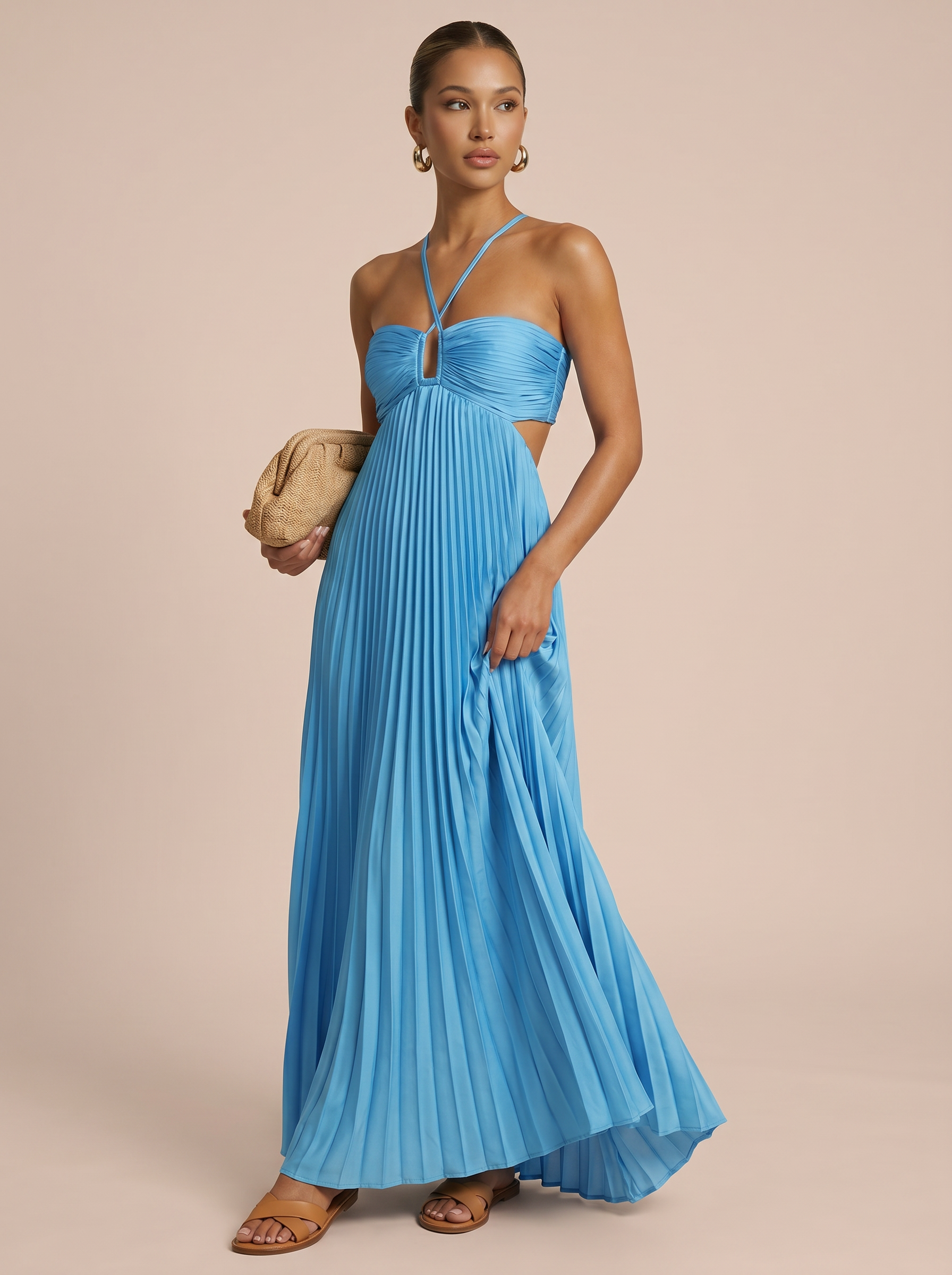 Adalee Halter Cutout Pleated Summer Maxi Dress