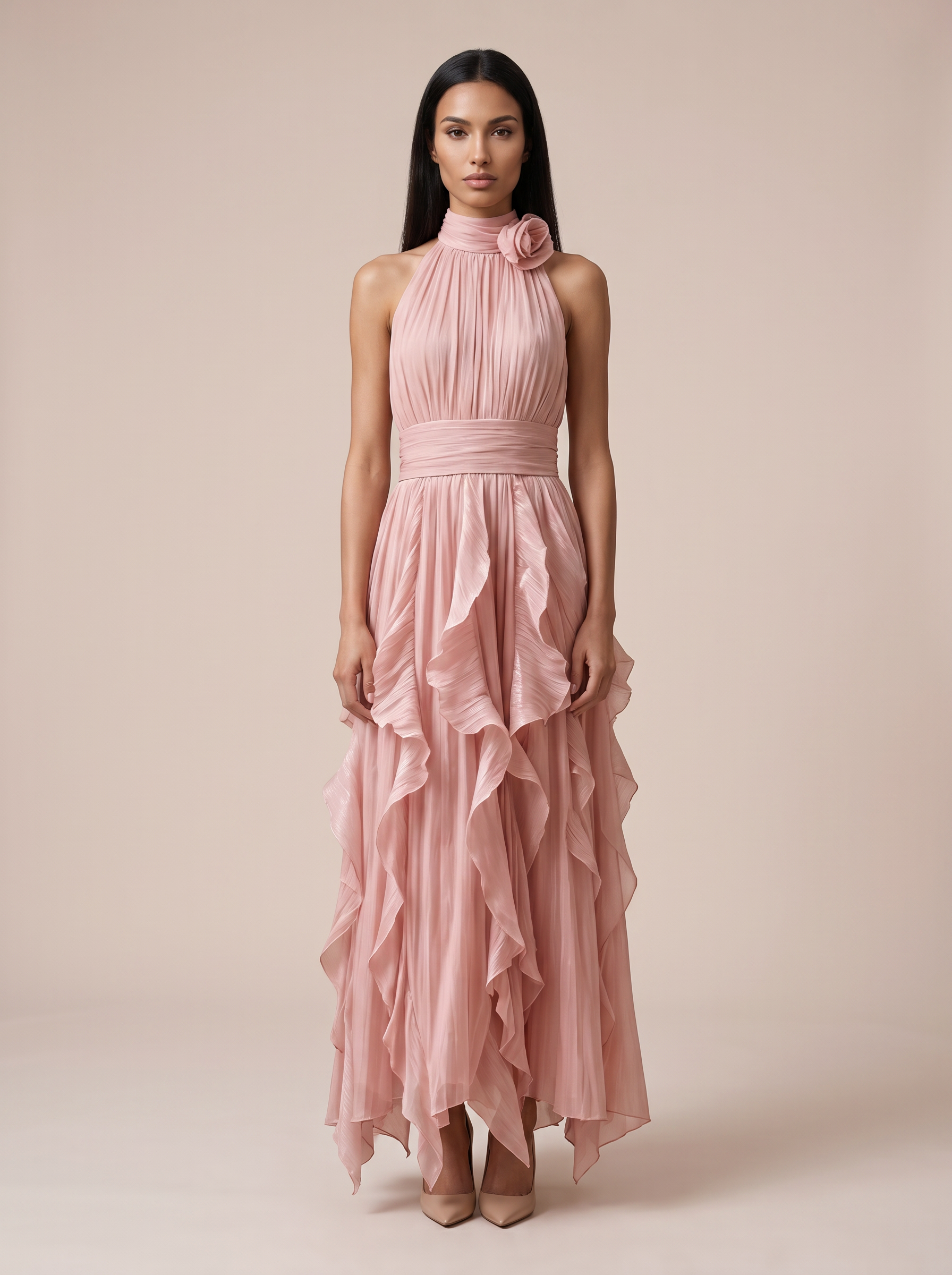 Emerea Halter Ruffle Flower Sleeveless Maxi Dress