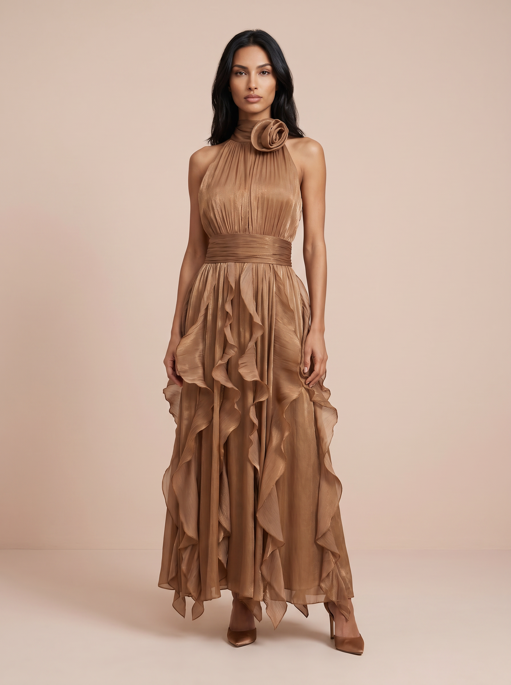 Emerea Halter Ruffle Flower Sleeveless Maxi Dress