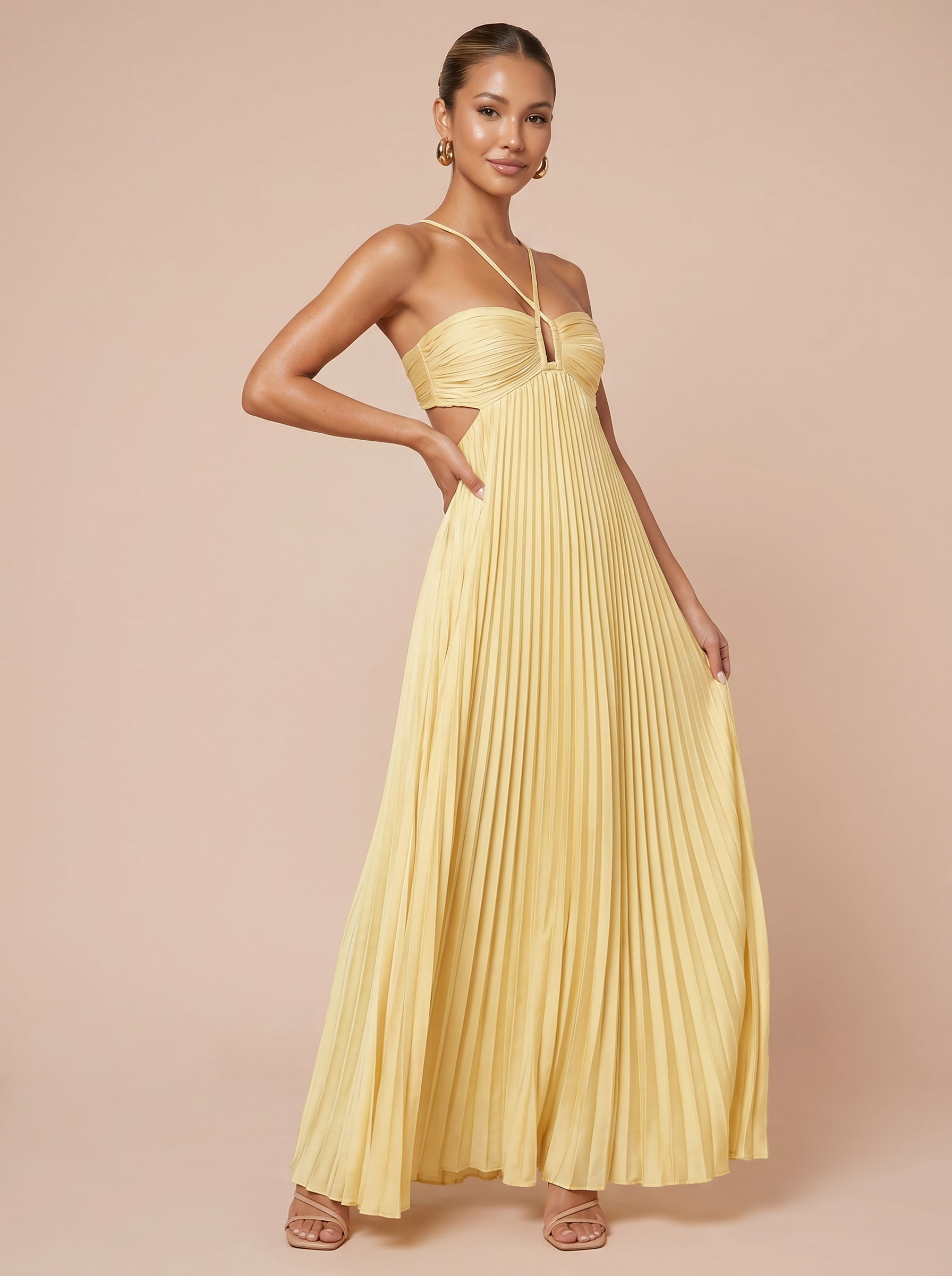 Adalee Halter Cutout Pleated Summer Maxi Dress
