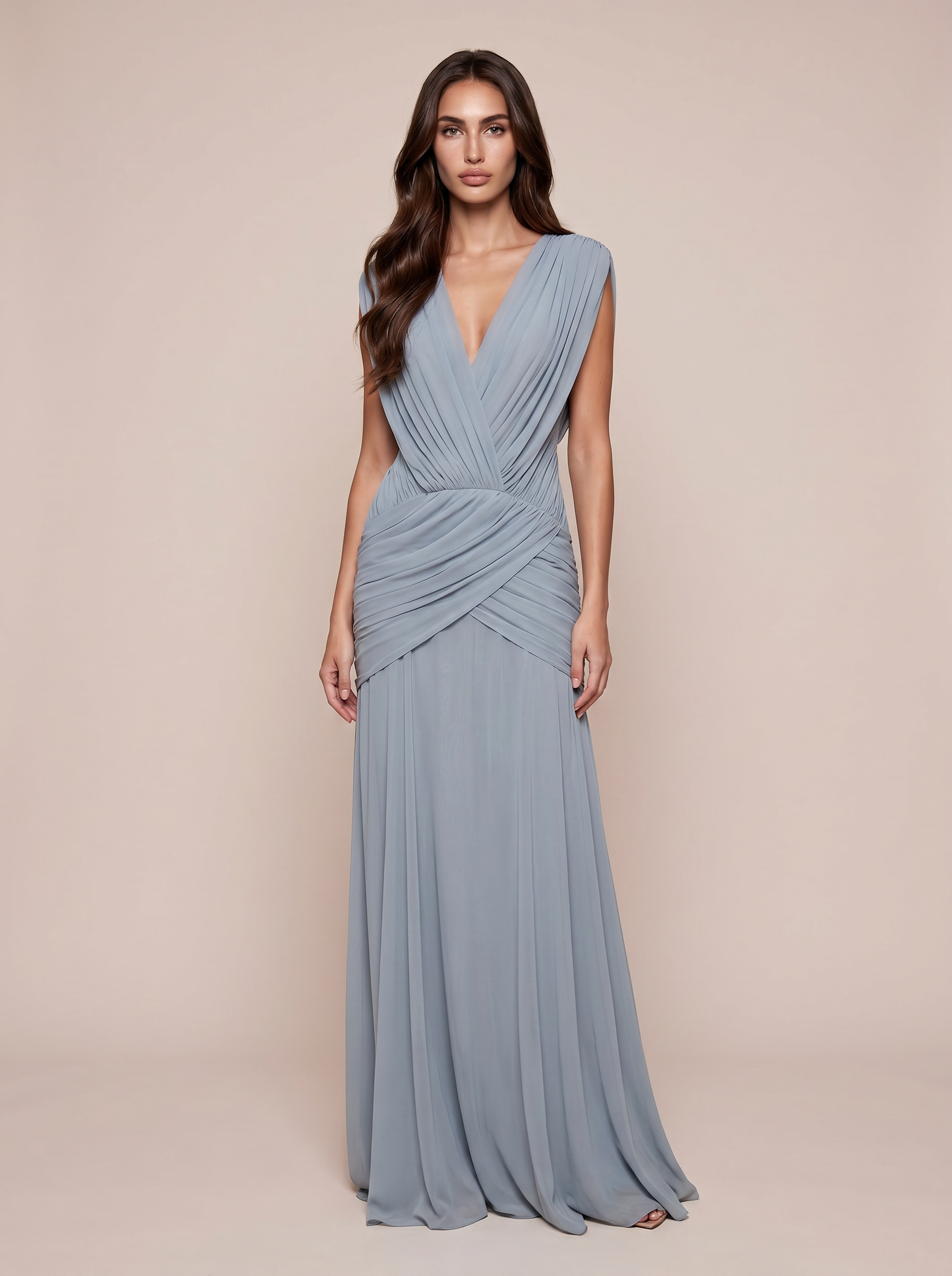 Belerini V Neck Sleeveless Ruched Maxi Dress