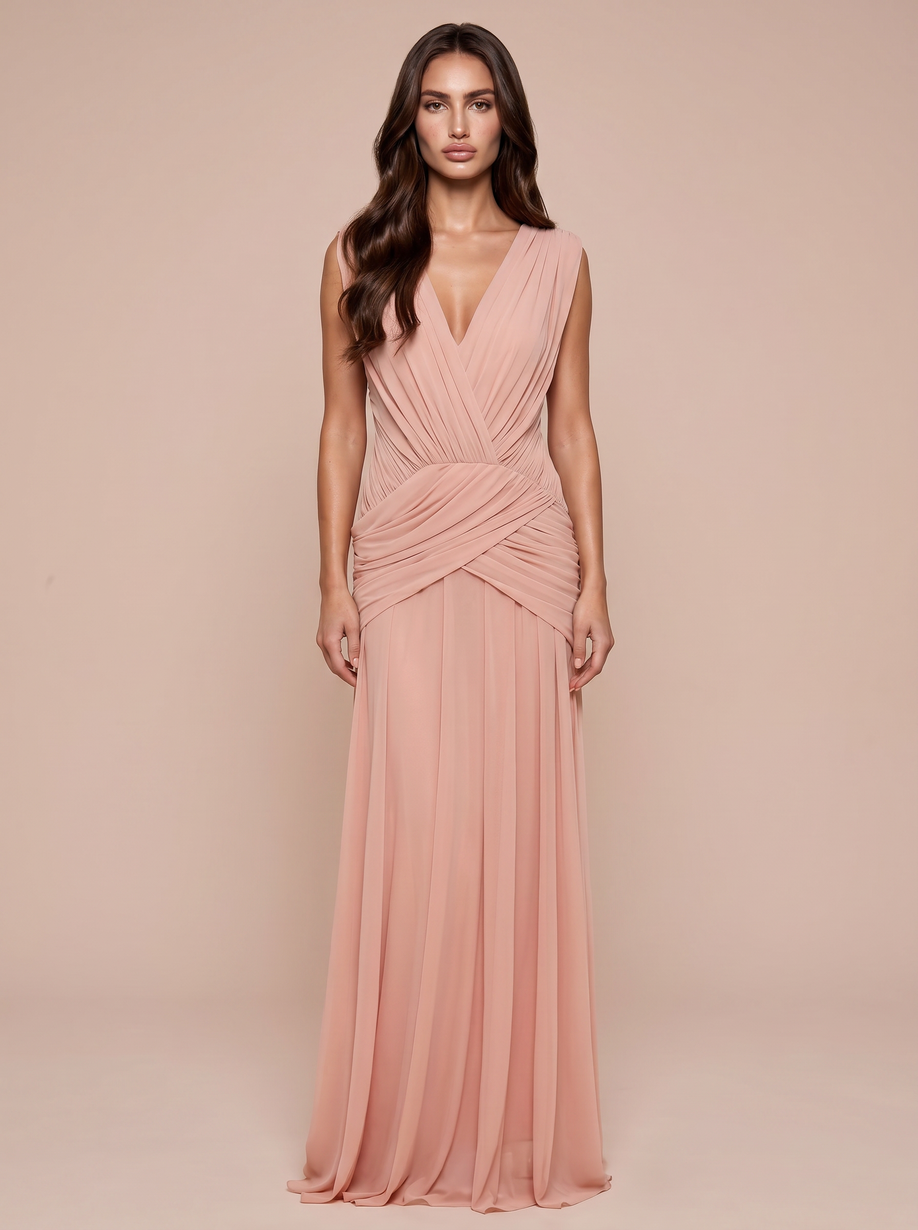 Belerini V Neck Sleeveless Ruched Maxi Dress