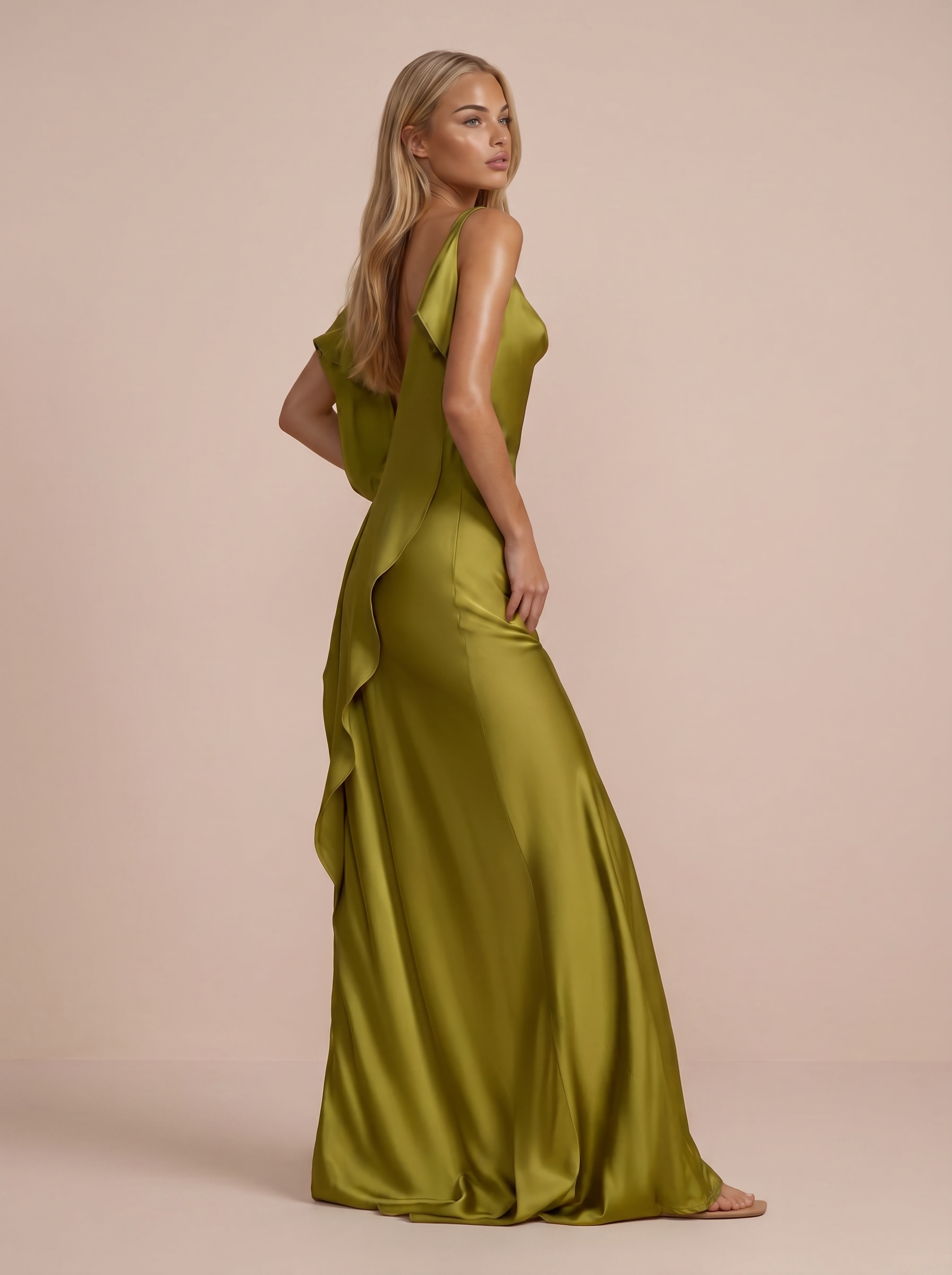 Tansy Elegant Green Satin Ruffles Sling Maxi Dress