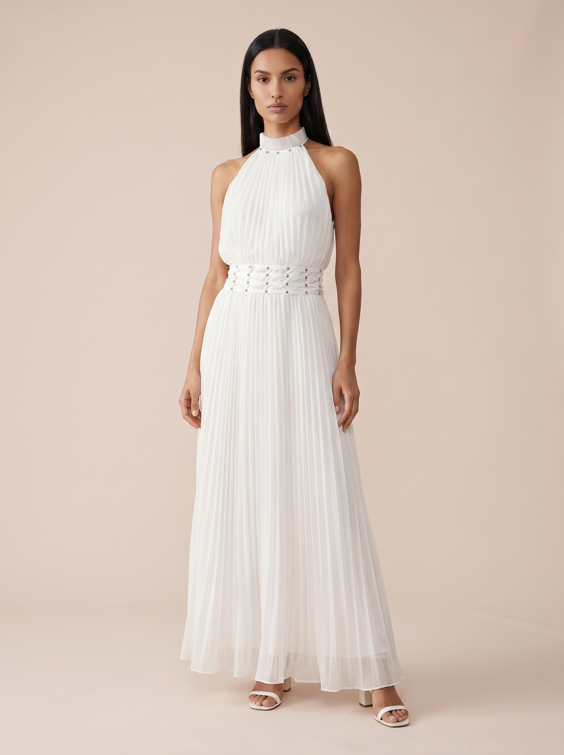 Zinai White Pleated Collar Sleeveless Maxi Dress