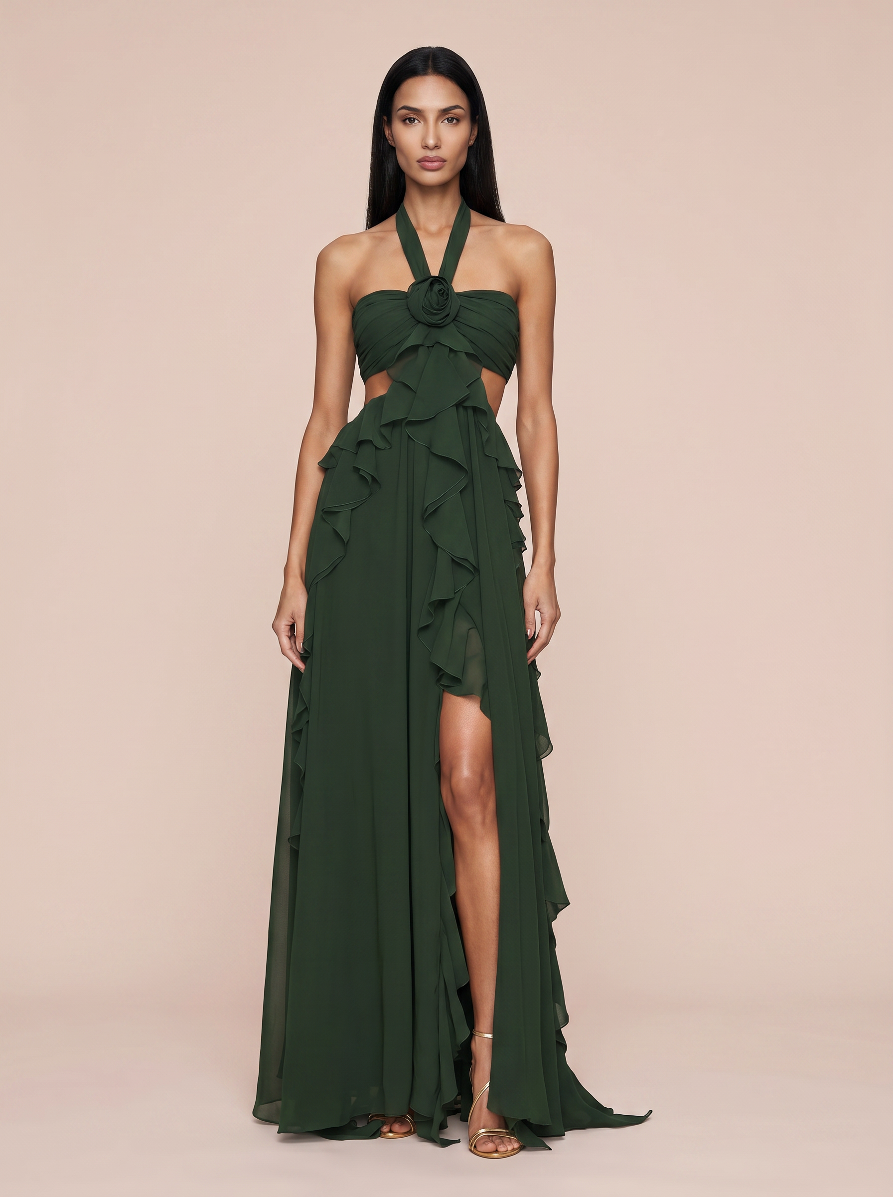 Rinea Green 3D Flower Halter Ruffle Maxi Dress