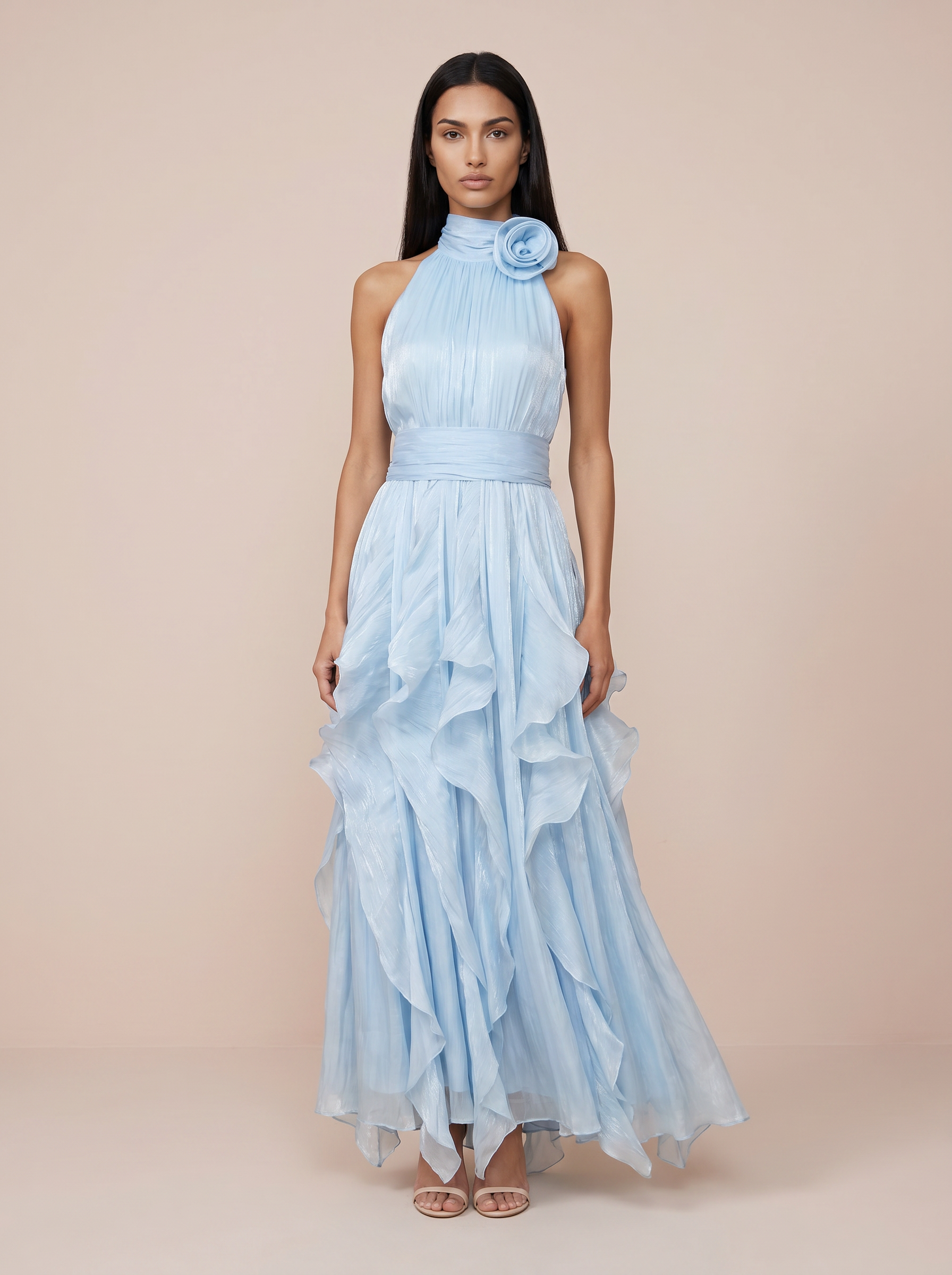 Emerea Halter Ruffle Flower Sleeveless Maxi Dress
