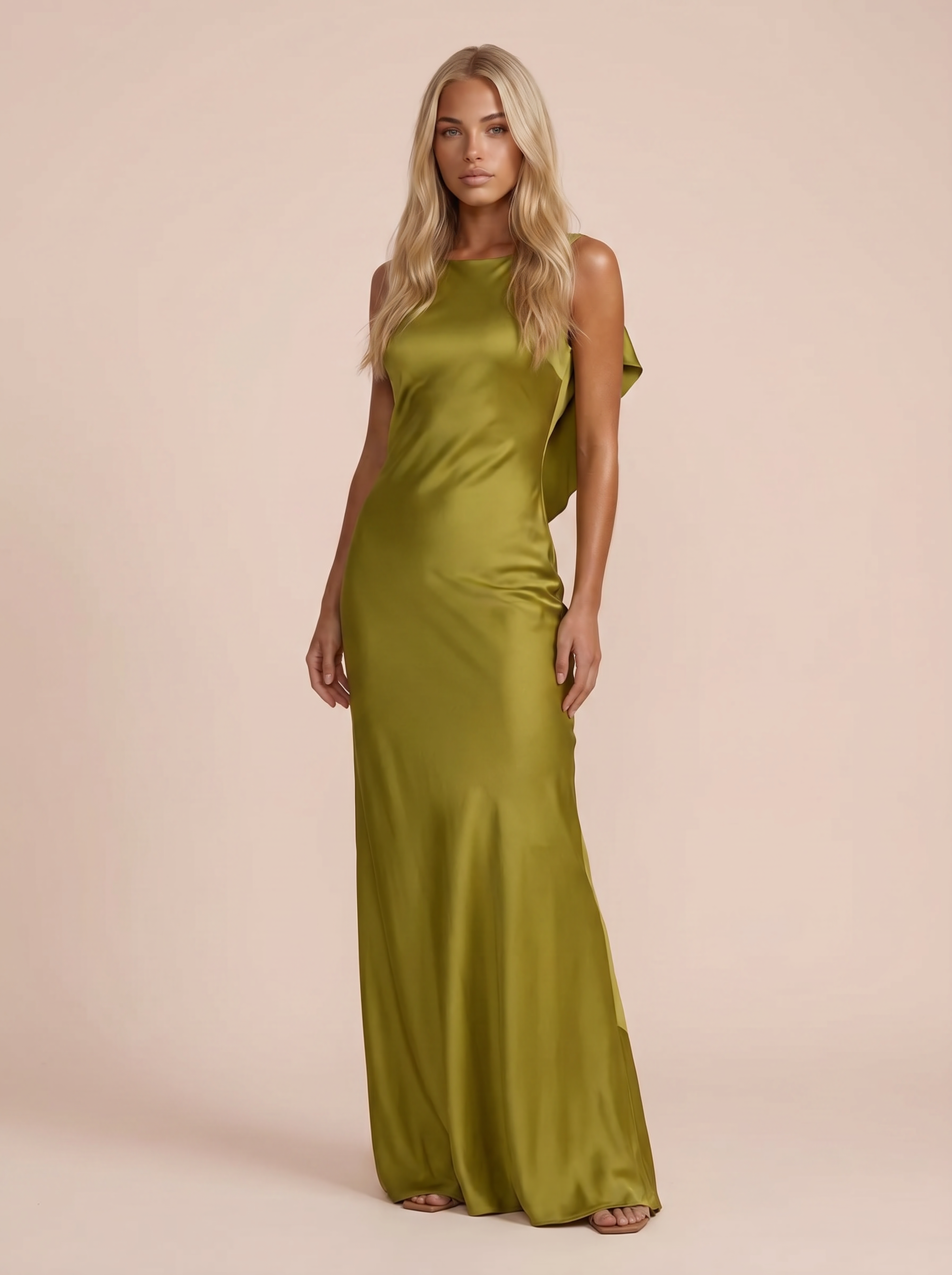 Tansy Elegant Green Satin Ruffles Sling Maxi Dress