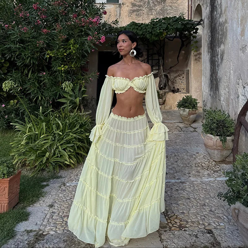 Elodie Elegant Yellow Off Shoulder Two Piece Set