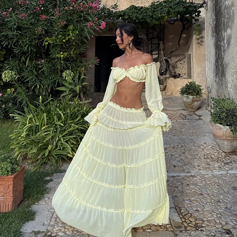 Elodie Elegant Yellow Off Shoulder Two Piece Set